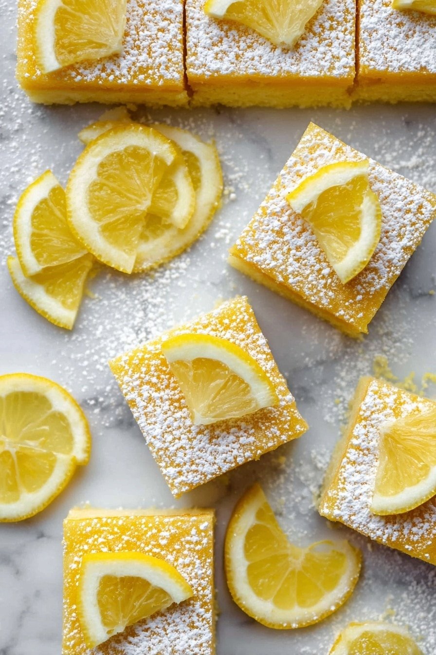 The image shows a set of lemon squares arranged on a white marbled surface. Each square has two layers: a bottom layer of pale yellow cake and a top layer of a slightly darker lemon filling dusted with white powdered sugar. On top of each square, there is a thin bright yellow lemon wedge placed at an angle, adding a fresh and decorative touch. Several lemon wedges are scattered around the squares on the white marbled surface. The overall look is bright, clean, and fresh. photo taken with an iphone --ar 2:3 --v 7