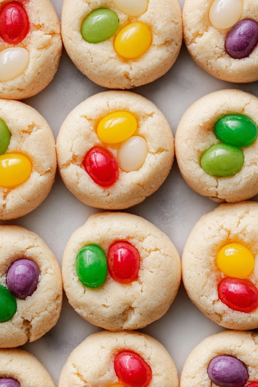 The image shows many soft round cookies arranged closely together on a white marbled surface. Each cookie has one layer of smooth, pale beige dough that is slightly puffed and has a crumbly texture. On top of each cookie, there are three small, shiny jelly beans in different colors, placed in the middle. The jelly beans come in bright colors like yellow, red, green, purple, and white. The colors of the jelly beans make a bright contrast with the light dough. The cookies are all similar in size and shape, creating a uniform pattern across the image. Photo taken with an iphone --ar 2:3 --v 7