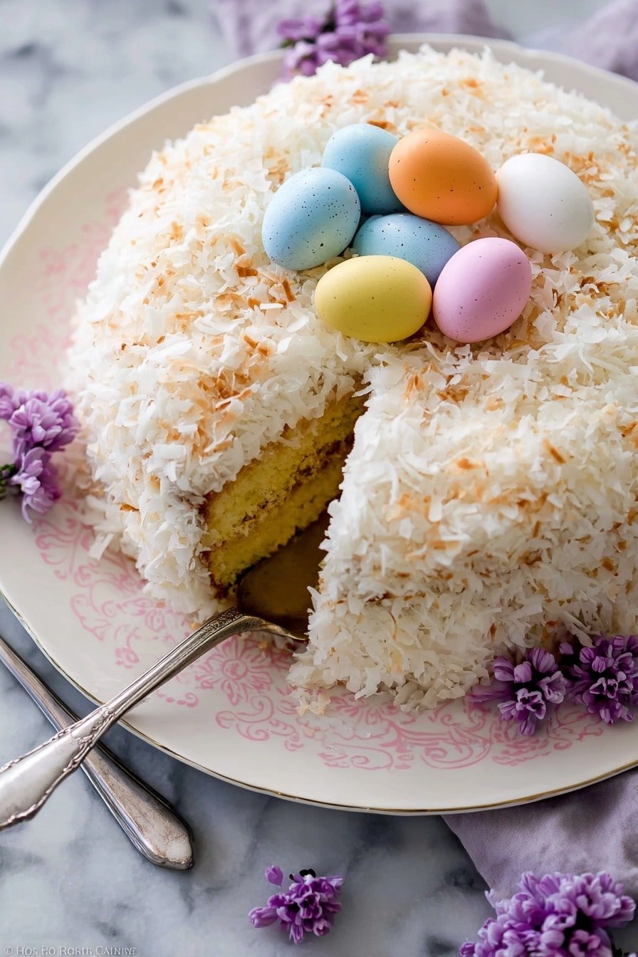 The image shows a round cake covered in white and lightly toasted shredded coconut, giving it a fluffy texture. The cake has a hollow center filled with pastel-colored candy eggs in blue, yellow, pink, and white. A slice has been removed from the cake, revealing a brown cake layer under the coconut coating. The cake sits on an ornate white plate with a soft pink pattern around the edges. The plate rests on a white marbled surface, with some small purple flowers placed nearby for decoration. A silver cake server is positioned under the slice, ready to lift it. Photo taken with an iphone --ar 2:3 --v 7