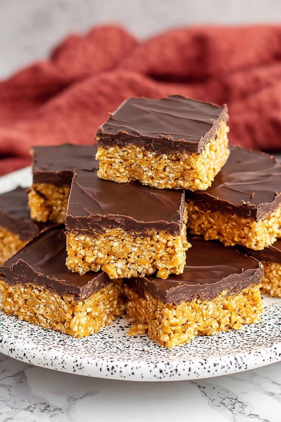 The image shows a stack of square dessert bars on an ornate white plate with black speckles, set on a white marbled texture. Each bar has two layers: the bottom layer is thick, golden, and crunchy with a crispy texture, while the top layer is a smooth, shiny dark chocolate covering. The bars are neatly stacked with some pieces leaning against each other, showing their dense and textured inside. There is a soft, faded blue cloth in the background adding gentle contrast. Photo taken with an iphone --ar 2:3 --v 7