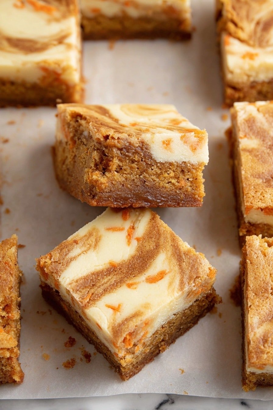 This image shows several square pieces of cake placed on parchment paper over a white marbled texture. Each piece has two main layers: the bottom layer is a light brown carrot cake with small orange carrot bits visible, and the top layer is a creamy white cheesecake with light swirls of brown cinnamon or spice mixed in. One piece is tilted, showing the creamy cheesecake center inside the carrot cake. The texture looks moist and soft, with a slightly crumbly surface. Photo taken with an iphone --ar 2:3 --v 7
