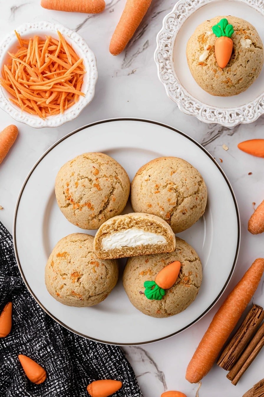 The image shows five round carrot cookies with a light brown color and small visible orange carrot bits, four whole cookies arranged in a circle on an ornate white plate with a thin black line near the edge, and one cookie cut in half placed on top showing a thick white cream filling inside. Three of the whole cookies each have a small orange and green candy carrot on top for decoration. In the top left corner, shredded carrots sit in an ornate white bowl. A smaller ornate white plate with black polka dots holds one whole cookie with a candy carrot on top near the top right corner. The background has a white marbled texture, with two cinnamon sticks placed near the bottom right and part of a black and white cloth partially visible in the bottom left corner. Photo taken with an iphone --ar 2:3 --v 7