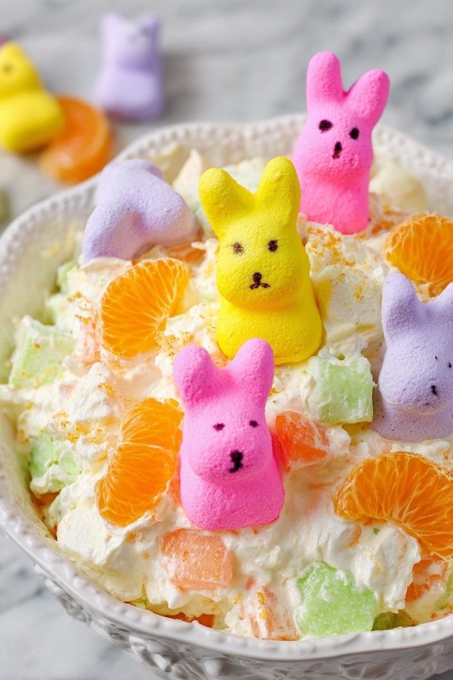 The dish is a creamy layered fruit salad served in an ornate white bowl. The bottom layer is a mix of white cream and small chunks of light orange, green, and pale yellow fruits, giving it a soft, textured look. Scattered on top are vibrant orange mandarin slices that add bright pops of color. Sitting on the creamy fruit mix are three colorful marshmallow bunny shapes in bright pink, yellow, and purple, each with small black eyes and nose details. The bowl is placed on a white marbled texture surface. Photo taken with an iphone --ar 2:3 --v 7