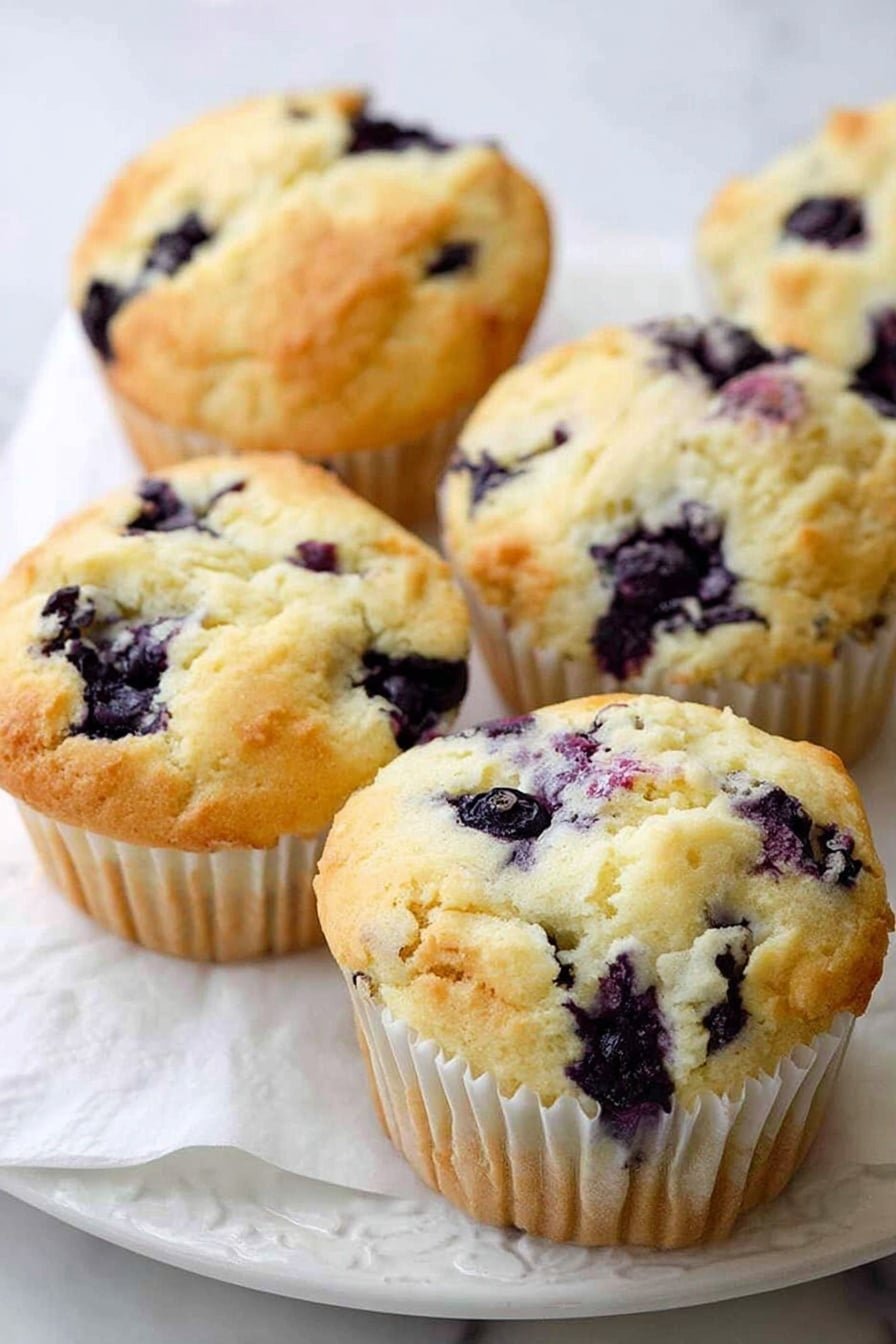 The image shows five blueberry muffins placed closely together on a white marbled surface. Each muffin has a light golden-brown top with visible cracks that reveal soft, pale yellow insides. Dark purple blueberries are scattered throughout the muffins, some slightly bursting, adding spots of deep color against the light batter. The muffins sit in plain white paper liners, and the texture looks soft and crumbly. The scene is well-lit, highlighting the fresh, homemade look of the muffins. Photo taken with an iphone --ar 2:3 --v 7