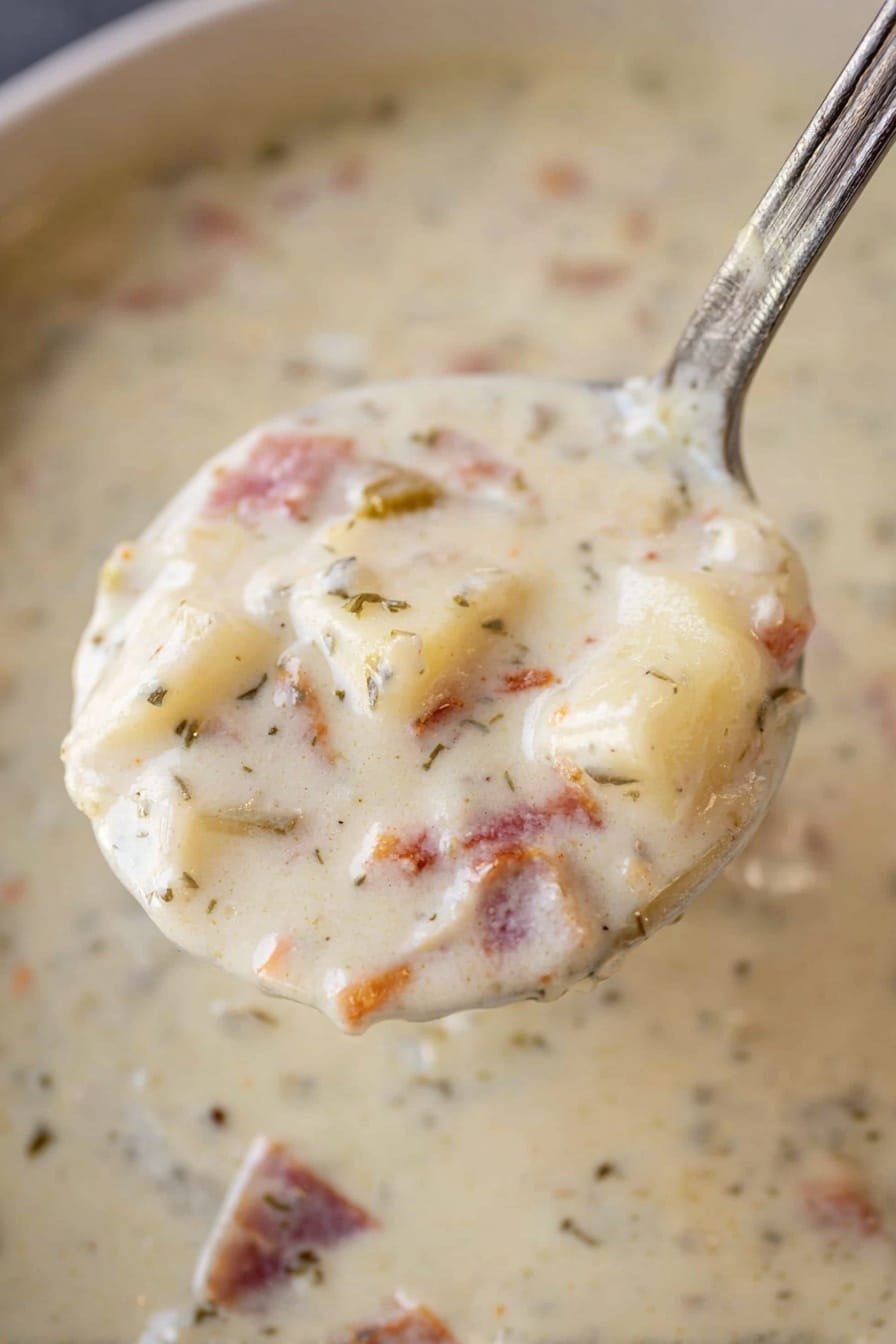 A close-up view of a ladle filled with creamy chowder, showing a thick, whitish broth mixed with small, soft chunks of pale potatoes, light brown pieces of ham, and tiny bits of herbs scattered throughout. The ladle holds this rich, chunky mixture against a white marbled textured surface, with some chowder dripping slightly over the ladle's edge. The texture appears smooth and thick with visible bits giving it a hearty look. Photo taken with an iphone --ar 2:3 --v 7