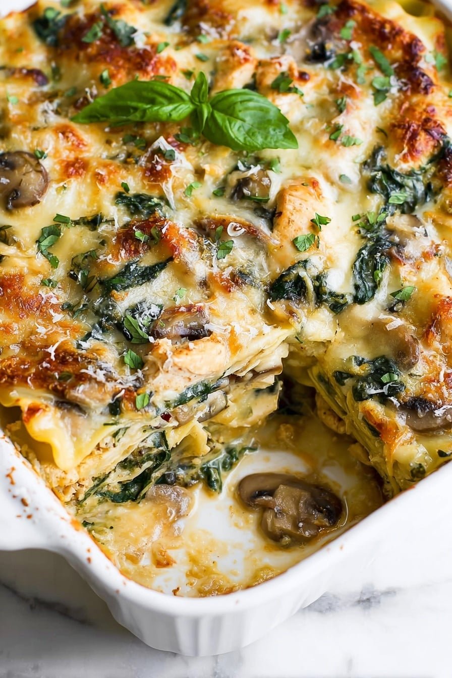 A white baking dish filled with a cheesy casserole that has multiple visible layers including golden melted cheese on top, wilted dark green spinach leaves scattered throughout, and chunks of light brown mushrooms mixed with a creamy sauce. There are fresh bright green basil leaves and some sprinkled grated cheese on the surface adding color contrast. The edges of the dish show slightly browned cheese and the whole casserole looks hot and creamy sitting on a white marbled surface. Photo taken with an iphone --ar 2:3 --v 7