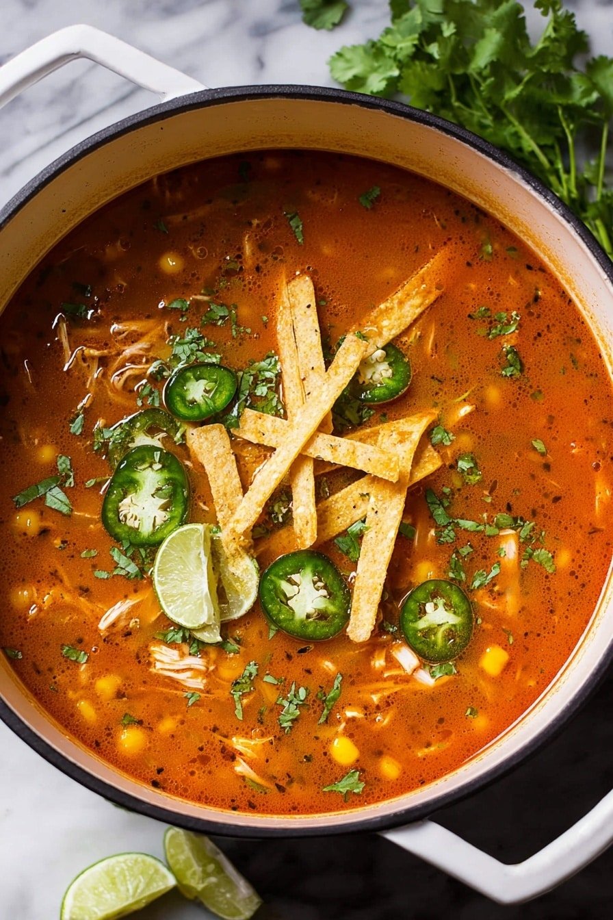 A dark cooking pot filled with rich, red-orange tortilla soup, showing a visible texture of shredded chicken and corn inside the broth. On top, there are several light golden-yellow strips of fried tortilla laid in the center, with scattered bright green fresh cilantro leaves and thin slices of jalapeño pepper with visible white seeds. Two small lime wedges with a pale green juicy inside are placed near the edge of the soup. The pot is placed on a white marbled surface, with some fresh cilantro sprigs nearby. The photo taken with an iphone --ar 2:3 --v 7