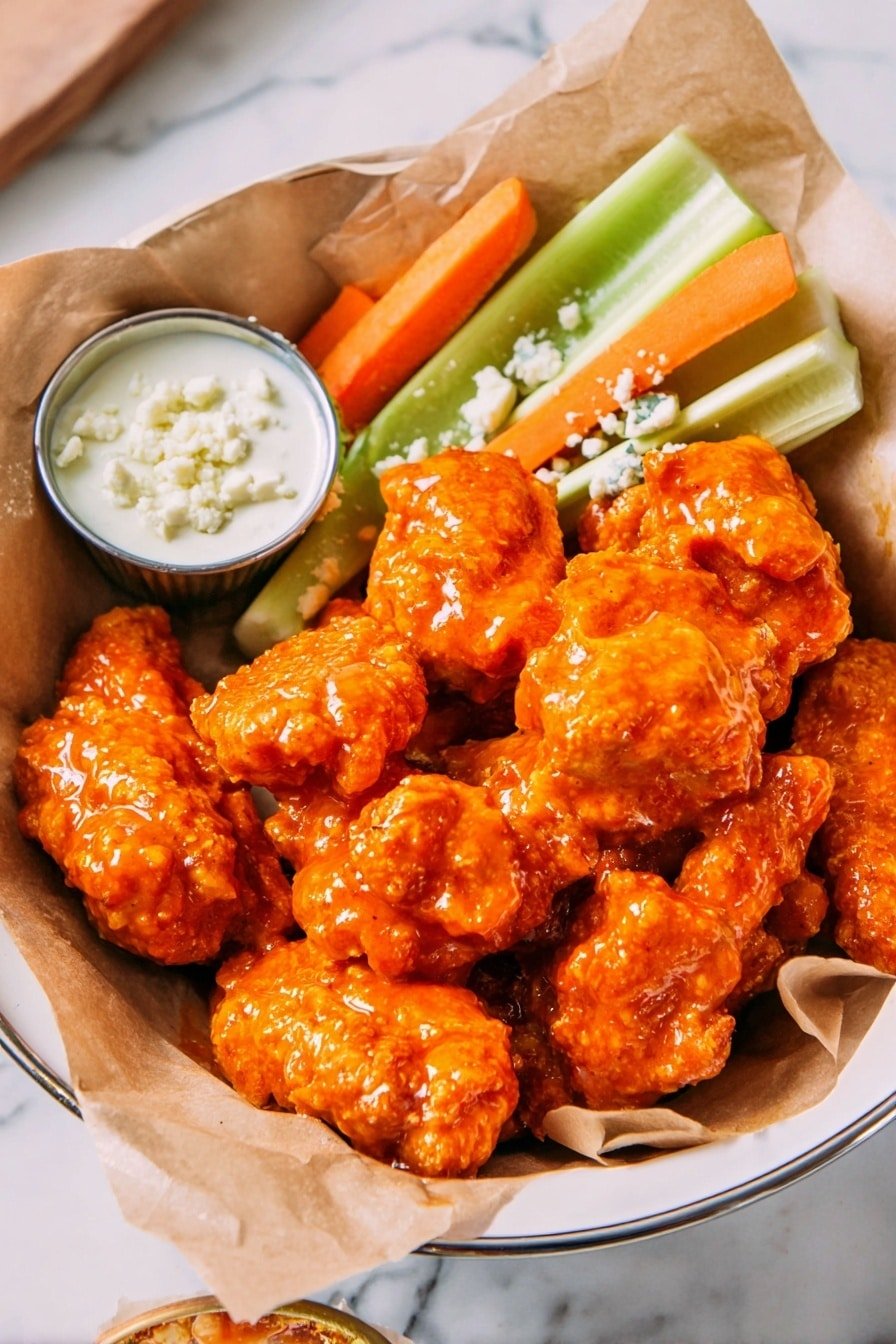 The image shows a metal bowl lined with white parchment paper, filled with bright orange battered pieces that look crispy and coated in a shiny sauce. Inside the bowl, on the left side, there are fresh green celery sticks and bright orange carrot sticks arranged in small bundles. A small metal cup with creamy white dipping sauce topped with crumbled pale yellow cheese is placed near the vegetables. The bowl sits on a white marbled surface, and the composition is close-up, showing texture and gloss on the crispy coated pieces. photo taken with an iphone --ar 2:3 --v 7