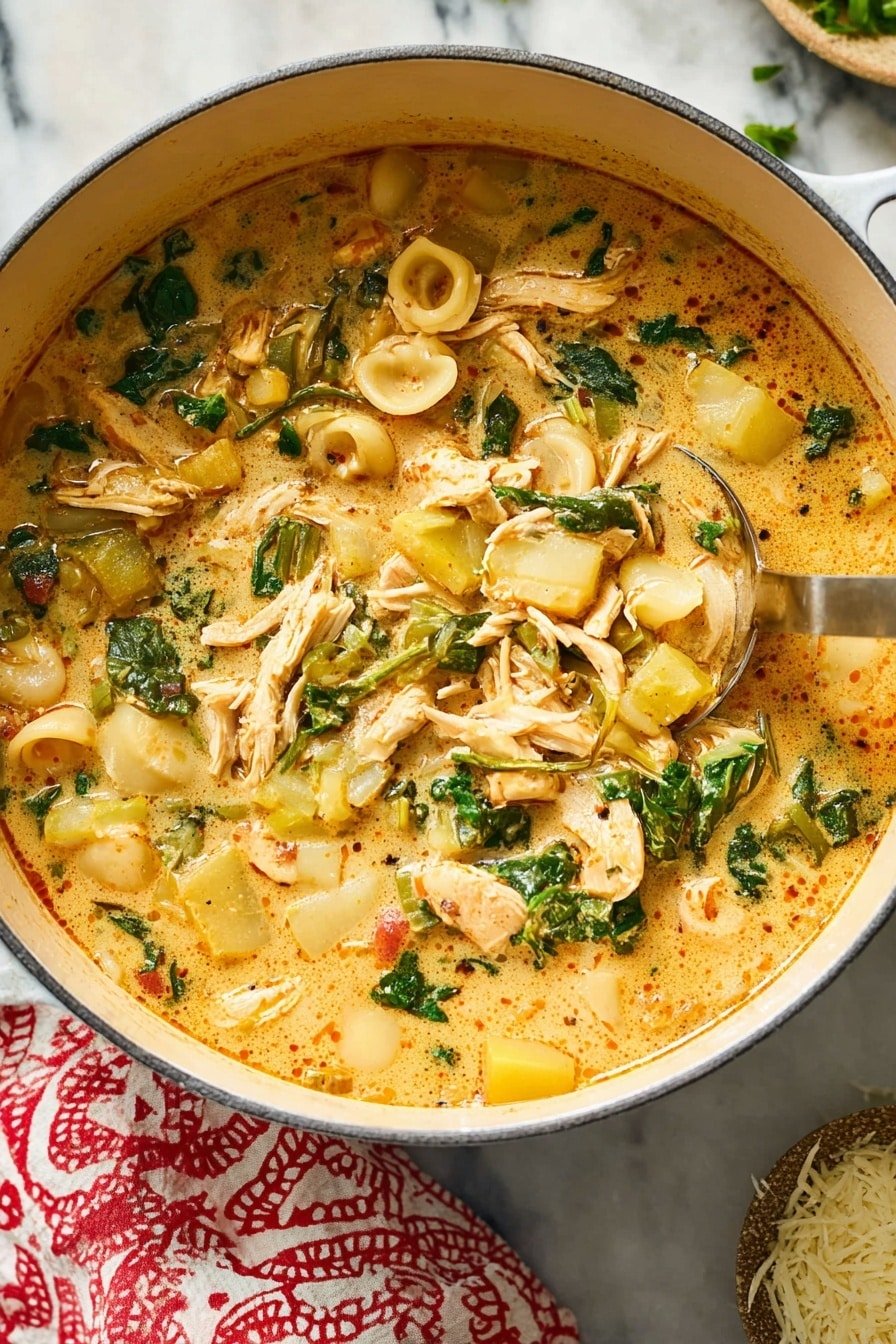 The image shows a pot filled with a creamy soup containing shredded light yellow chicken, small pasta shells, bright green leafy vegetables, and chunks of light yellow potato or squash, all mixed in a pale orange broth with visible spices. A gold-colored ladle with a wooden handle rests inside the pot, partially submerged in the soup. The pot sits on a white marbled surface with a white and red patterned cloth nearby and a small bowl with grated cheese in the corner. The colors are warm and inviting, with textures ranging from tender chicken and pasta to soft greens and broth. Photo taken with an iphone --ar 2:3 --v 7