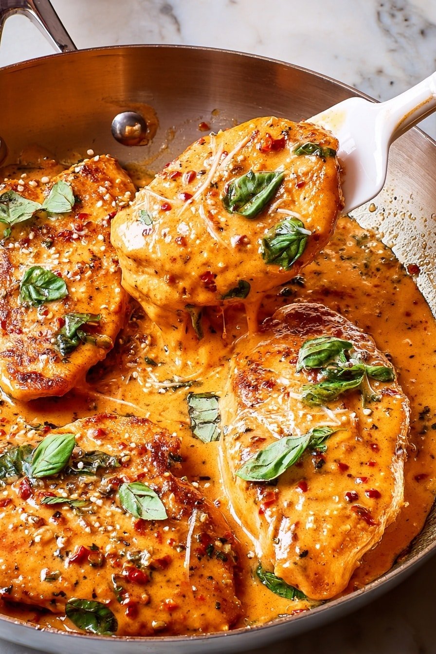 The image shows a frying pan with four pieces of chicken covered in thick creamy orange sauce with red specks. The sauce has fresh green basil leaves scattered on top and some grated cheese sprinkled lightly. One piece of chicken is being lifted by a white spatula, showing the sauce dripping from it, and the pan has slight golden browning at the edges with some bits of sauce stuck. The background is a white marbled texture. Photo taken with an iphone --ar 2:3 --v 7