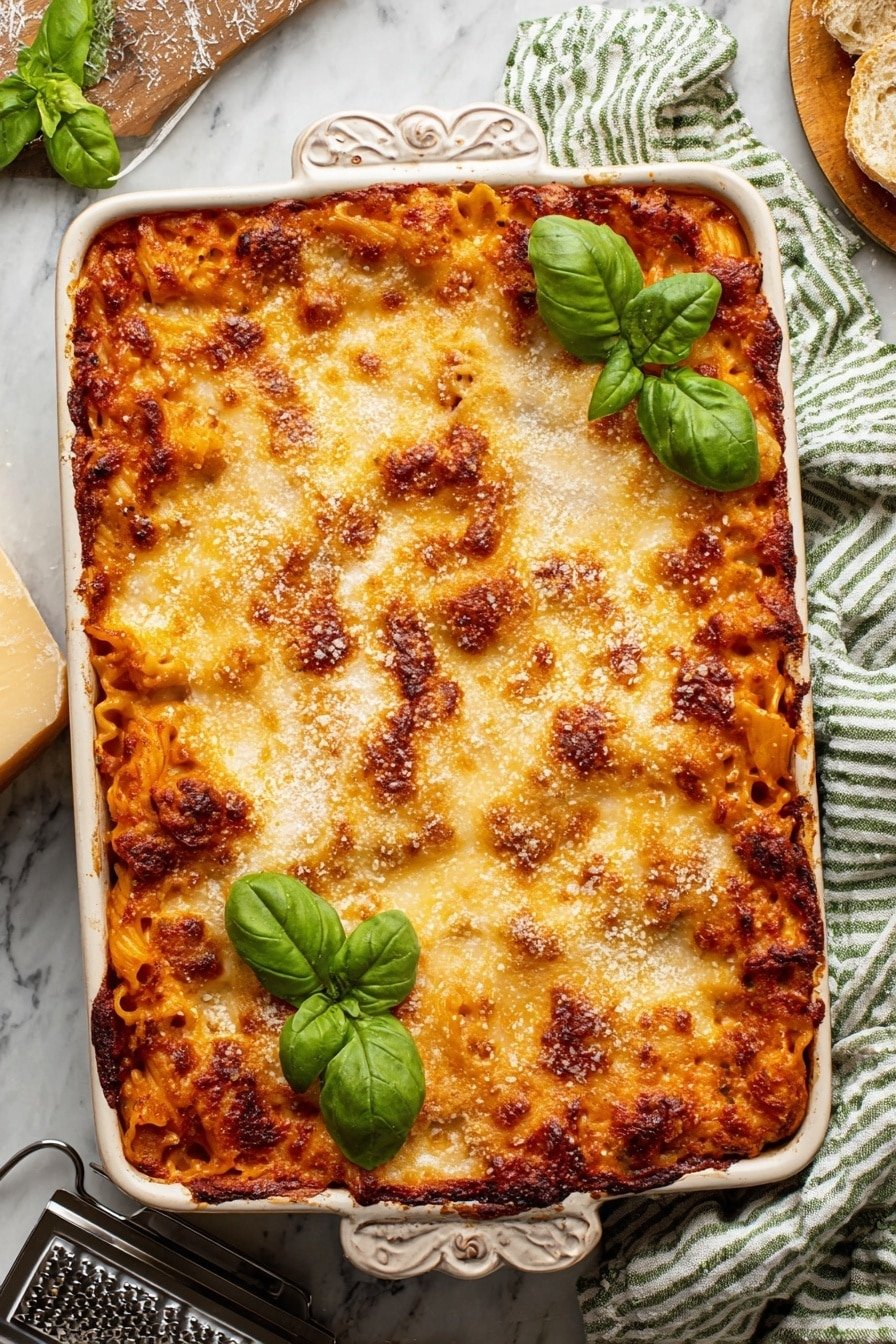 A large ornate white rectangular baking dish filled with baked pasta that has a golden brown, bubbly cheese layer on top, sprinkled with some white grated cheese and decorated with fresh green basil leaves; the pasta underneath shows hints of a reddish sauce with some meat pieces, visible at the edges. The dish sits on a white marbled surface with a green striped cloth underneath partially visible, and a fork resting close by. Nearby, there is a grater and a wedge of bread. photo taken with an iphone --ar 2:3 --v 7