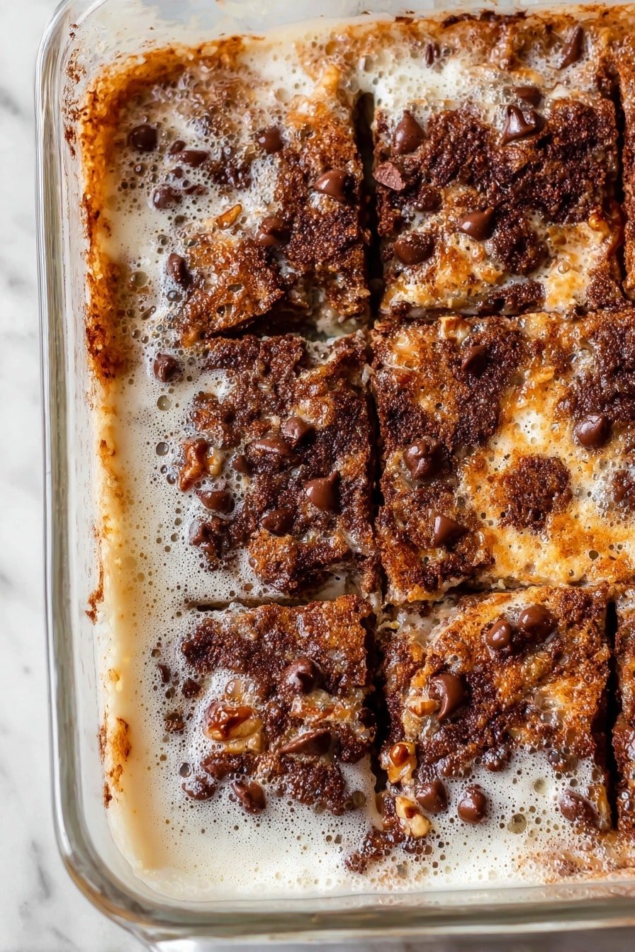 A close-up view of a rectangular, ornate white baking dish filled with a rich dessert that is divided into six rough squares. The top layer has a bubbly, frothy foam that covers craggy, dark brown pieces with melted chocolate chips scattered unevenly, giving a textured look. The dessert appears moist with a slightly crispy surface, and some areas reveal crunchy nuts mixed inside. The dish is placed on a white marbled texture background. Photo taken with an iphone --ar 2:3 --v 7