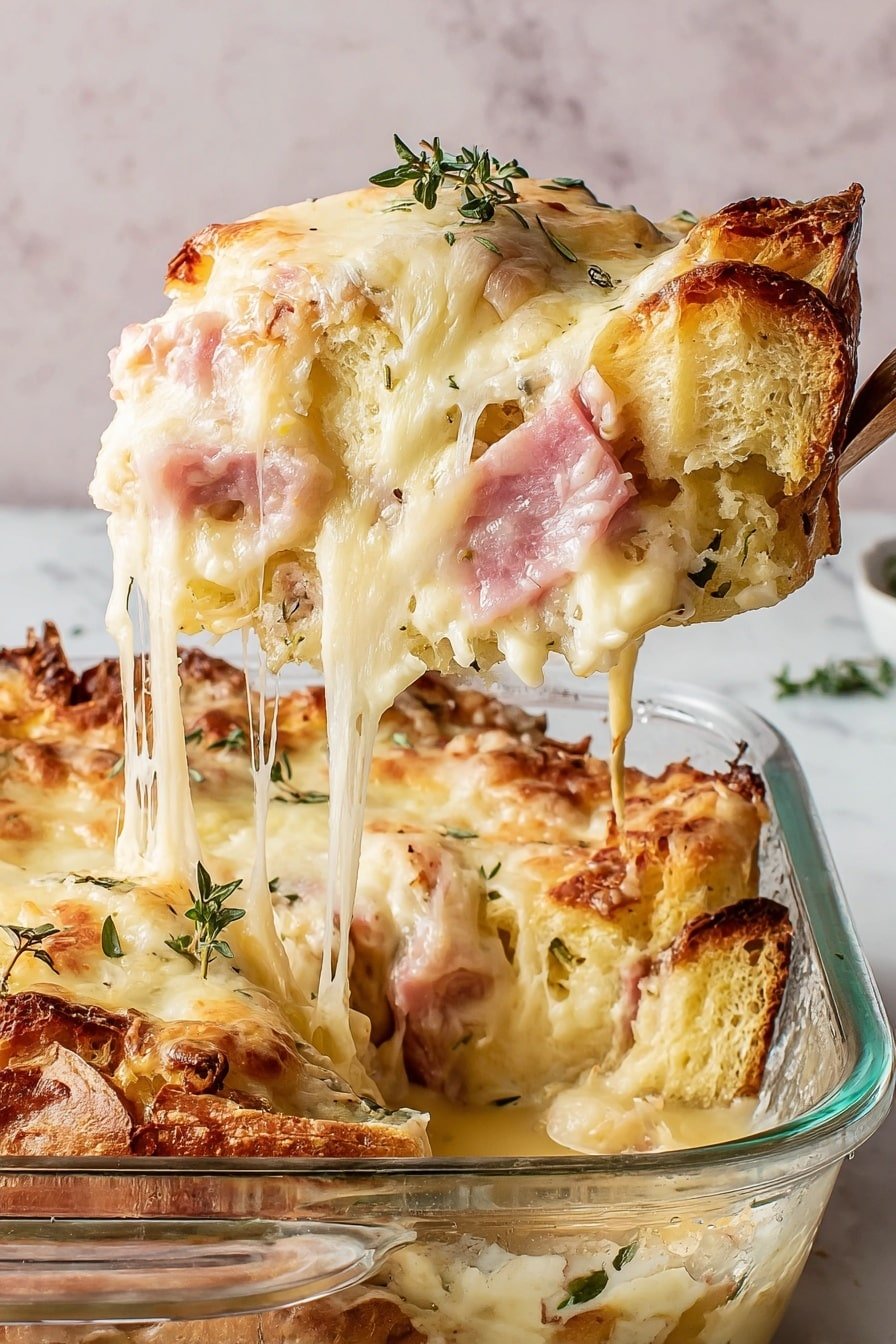 The image shows a close-up of a slice of a baked dish being lifted from an ornate white dish. The dish has three main visible layers: a golden brown crusty bread base with soft texture inside, a middle layer of thinly sliced pink ham scattered throughout, and a top layer covered in melted, light yellow cheese that stretches in long strings as the slice is lifted. Small sprigs of green herbs are sprinkled on top of the cheese. The background features a pink textured wall while the dish rests on a white marbled surface. Photo taken with an iphone --ar 2:3 --v 7