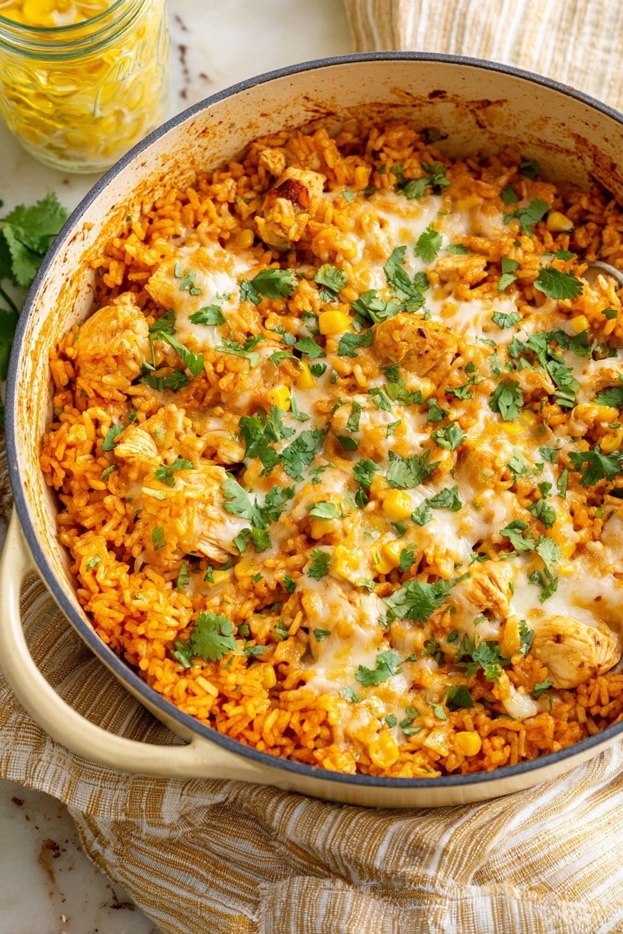 A large light green pot filled with a one-layer dish of cooked orange rice mixed with pieces of light brown cooked chicken and yellow corn, all covered with melted golden and white cheese scattered in patches on top. Bright green cilantro leaves are spread over the whole dish, adding a fresh contrast to the warm colors. The edges of the pot show some rice stains. The pot sits on a blue and white striped cloth over a white marbled texture surface with a yellow chip and a glass jar partially visible in the background. Photo taken with an iphone --ar 2:3 --v 7