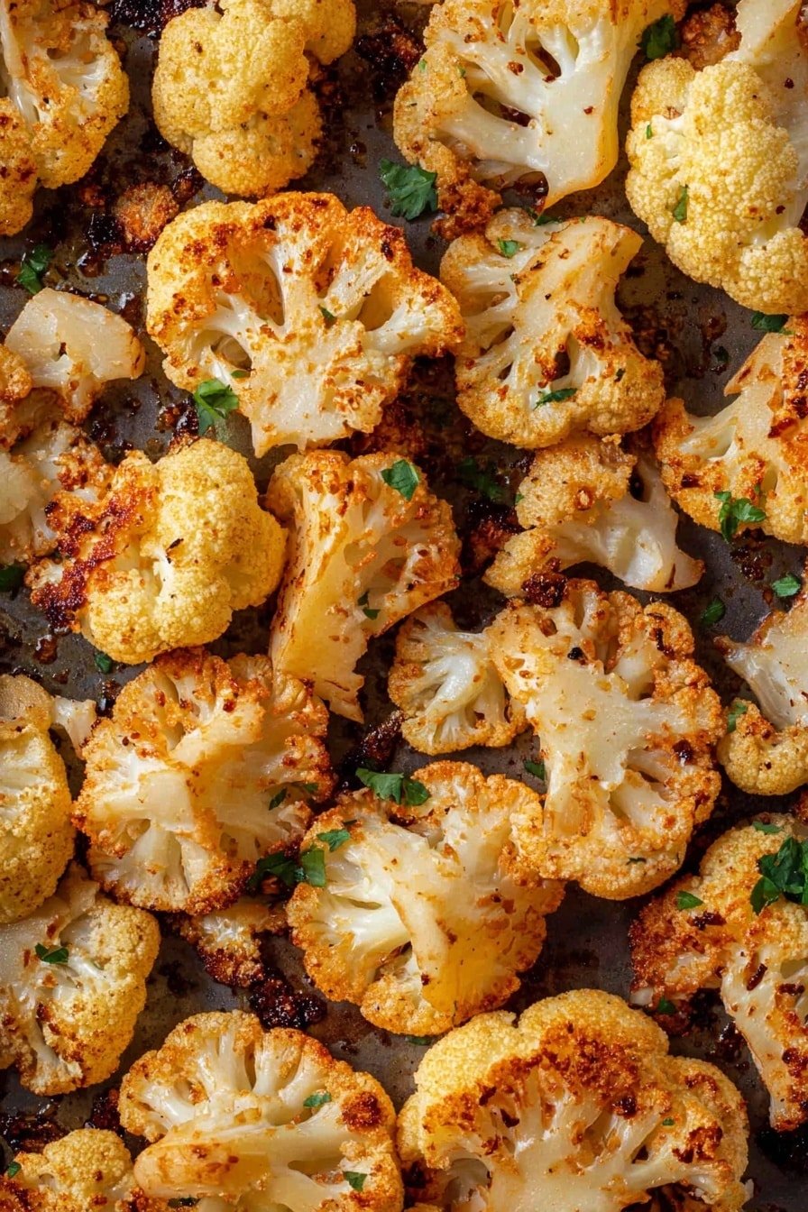 The image shows many roasted cauliflower pieces spread out on a dark cooking pan. Each piece varies in size and shape, with golden brown and slightly charred edges from cooking. The cauliflower shows a mix of creamy white and light orange hues, with some green herb bits scattered on top. The texture looks crispy and slightly rough from roasting. The cauliflower pieces are close together but not piled up, covering the pan evenly. photo taken with an iphone --ar 2:3 --v 7