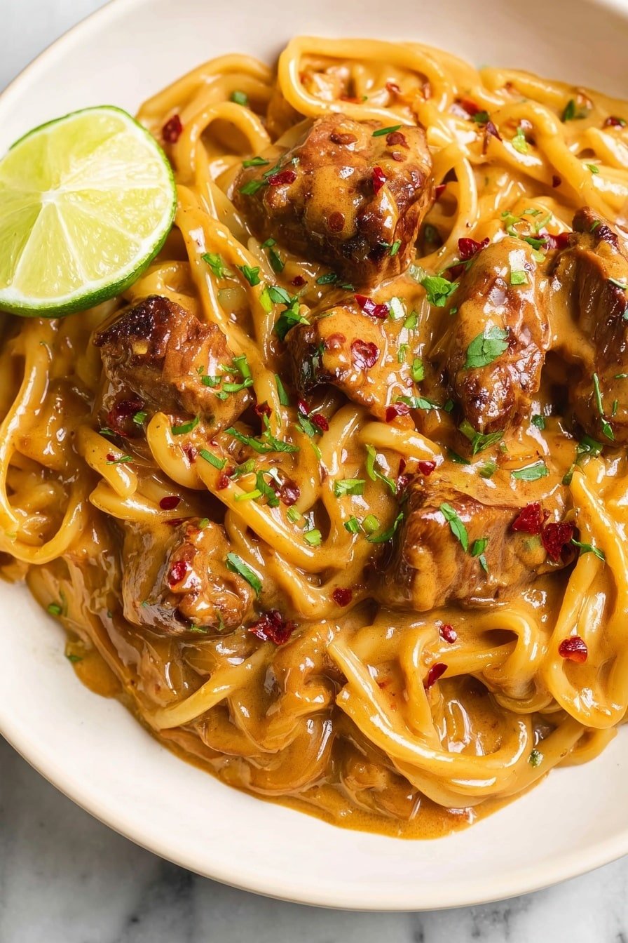 The image shows a close-up of a white plate filled with thick noodles coated in creamy brown sauce. On top of the noodles, there are several chunks of browned meat covered in the same sauce. The dish is garnished with small bits of green herbs and dark red chili flakes. A wedge of lime sits near the edge of the plate. The plate is placed on a white marbled surface. photo taken with an iphone --ar 2:3 --v 7