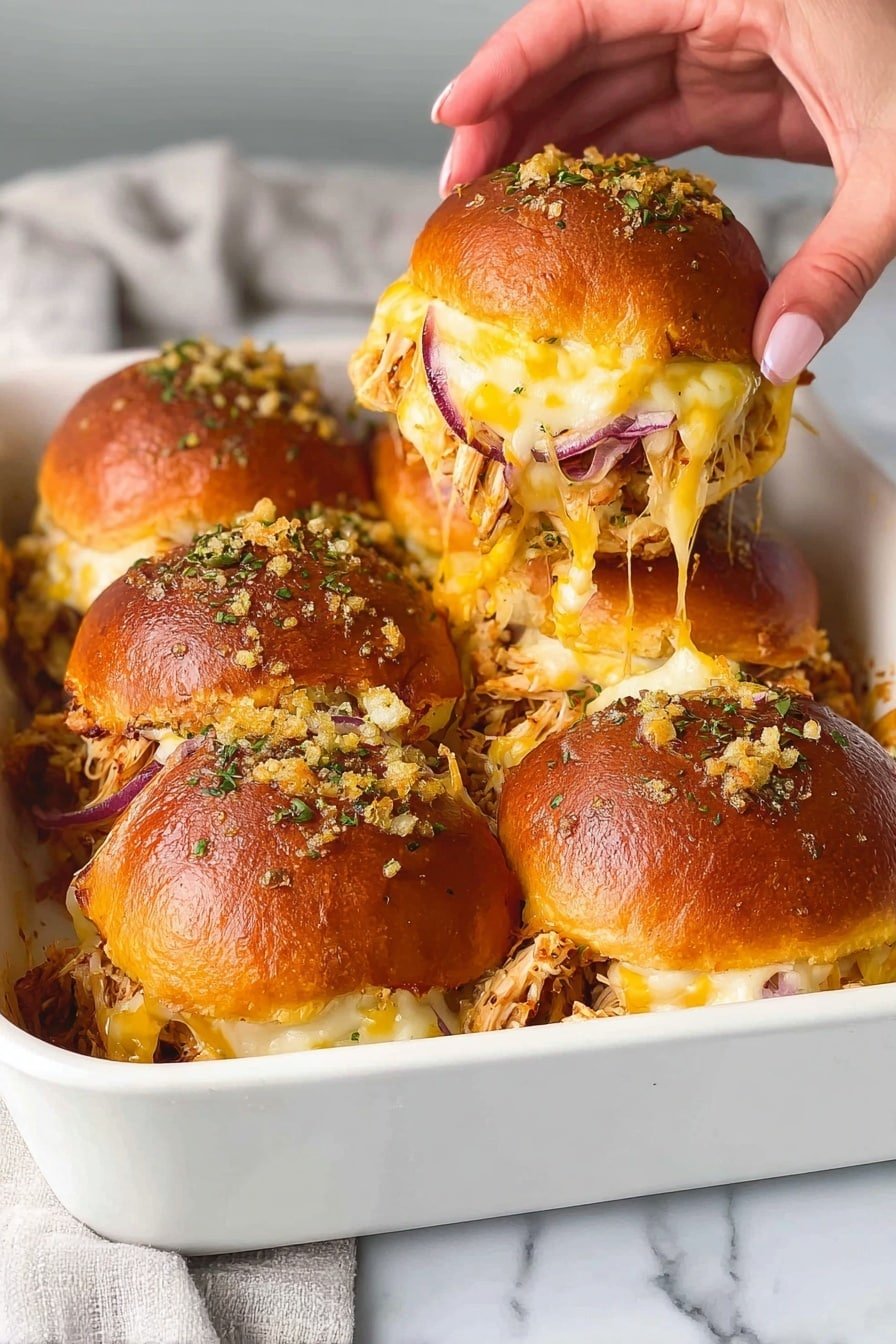 The image shows a white baking dish holding six sandwiches arranged closely together, each made of a shiny golden-brown bun topped with minced garlic and green herbs. Each sandwich has a layer of melted yellow and white cheese that stretches as a woman's hand lifts one of the top buns, revealing shredded cooked meat mixed with cooked red onions under the cheese. The dish sits on a white marbled surface with a light gray cloth in the background. photo taken with an iphone --ar 2:3 --v 7