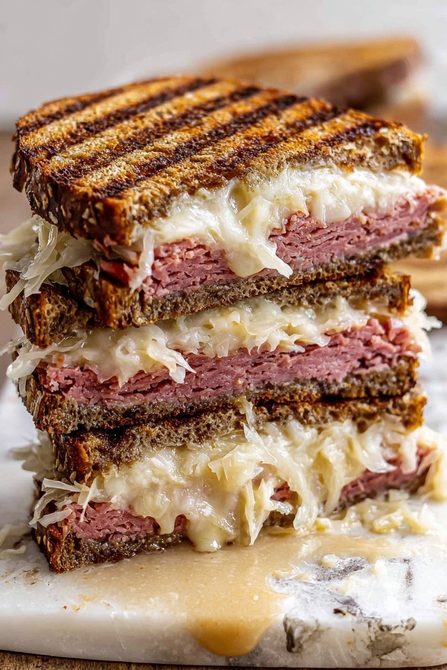 The image shows a thick sandwich cut in half and stacked with four layers in total. The bottom and top layers are dark brown toasted rye bread with visible grill marks. Inside, there are two layers of thin light pink slices of corned beef or pastrami, separated by two layers of creamy melted white cheese and a generous amount of shredded pale sauerkraut. The sandwich sits on a wooden board with some sauce dripping around it. Photo taken with an iphone --ar 2:3 --v 7