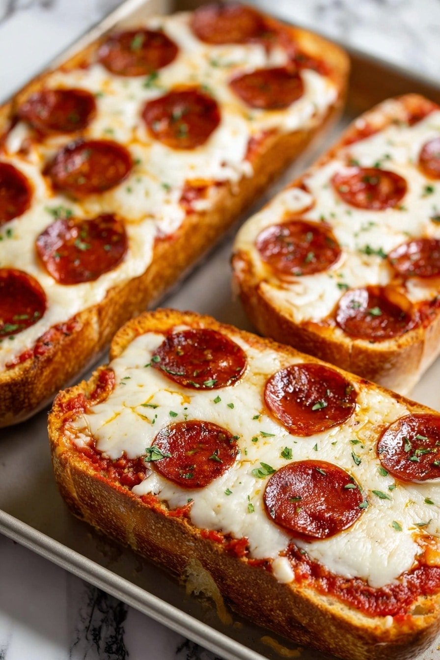 The image shows four pieces of pepperoni pizza bread on a baking tray. Each piece has three layers: a thick, golden-brown baguette base; a bright red layer of tomato sauce spread evenly; and a thick layer of melted white mozzarella cheese covering the sauce. On top of the cheese, there are several round, shiny pepperoni slices that are a dark reddish-brown with a slight oily sheen. Small green herb sprinkles are scattered over the cheese and pepperoni. The background features a white marbled texture. photo taken with an iphone --ar 2:3 --v 7