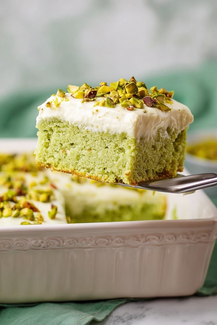A close-up of a square piece of light green cake with a soft, moist texture lifted by a metal spatula over an ornate white baking dish. The cake has two layers: a dense green base and a thick, creamy white frosting layer on top, sprinkled with bright green chopped pistachios. The background has a soft focus with a white marbled texture beneath the dish and a green cloth softly blurred out behind. Photo taken with an iphone --ar 2:3 --v 7