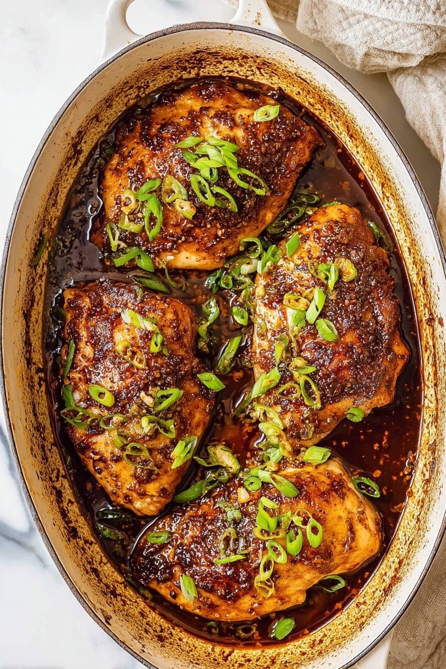 Four cooked chicken pieces with a brown, slightly charred surface sit in an ornate white pan filled with dark brown sauce. Bright green chopped spring onions are scattered across the top of the chicken, adding a fresh contrast to the rich colors. The pan rests on a white marbled surface with parts of a beige cloth slightly visible in the background. Photo taken with an iphone --ar 2:3 --v 7