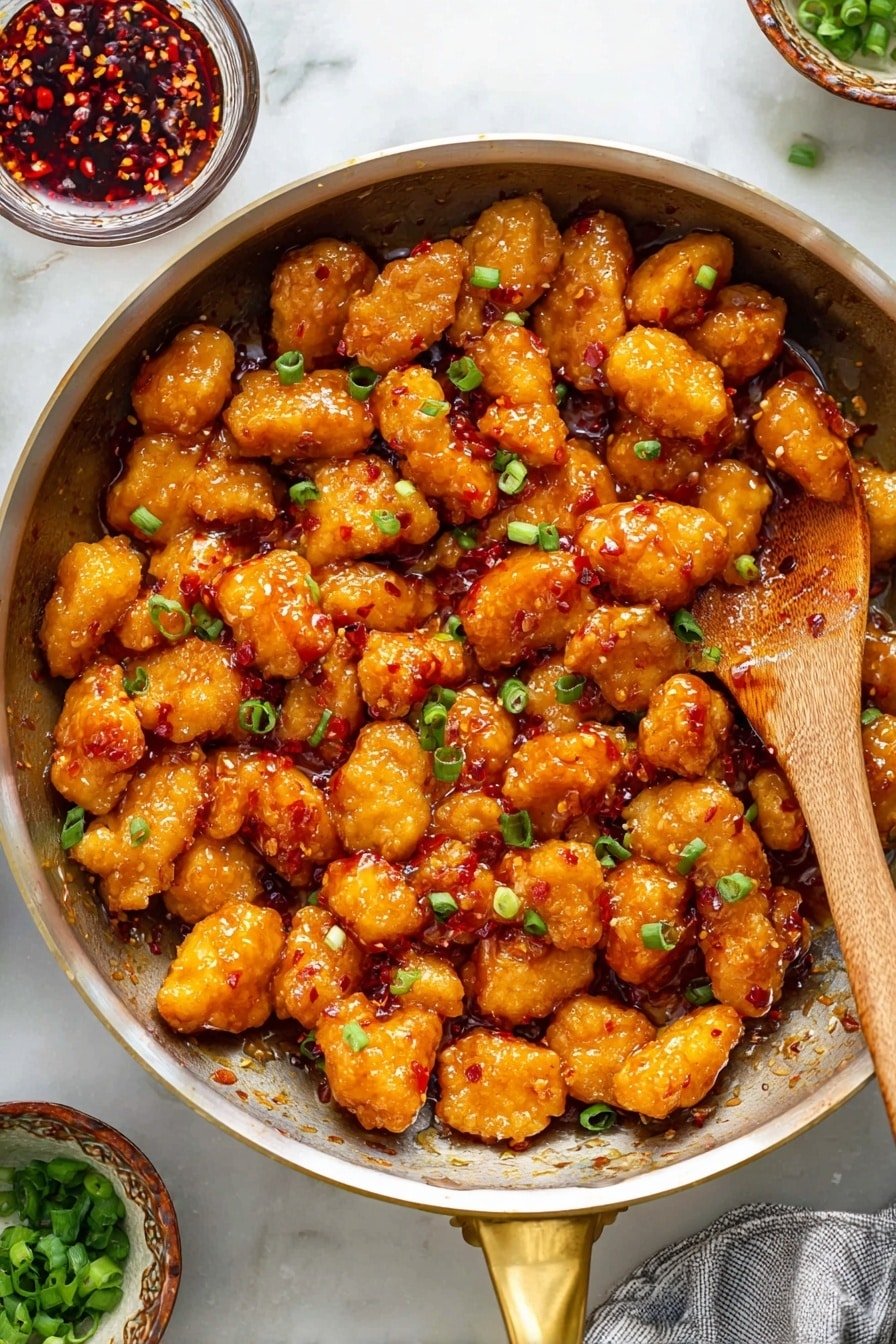 The image shows a pan filled with many small, golden-brown pieces of crispy chicken, each coated in a shiny, sticky reddish-orange sauce with visible bits of red chili flakes. The chicken pieces are evenly spread across the pan and are topped with small, bright green chopped scallions scattered over the top. A wooden spoon is resting inside the pan, partly under some chicken pieces, and the pan has a gold-colored handle. Around the pan, there are bowls with sauces and chopped green onions on a white marbled surface. Photo taken with an iphone --ar 2:3 --v 7
