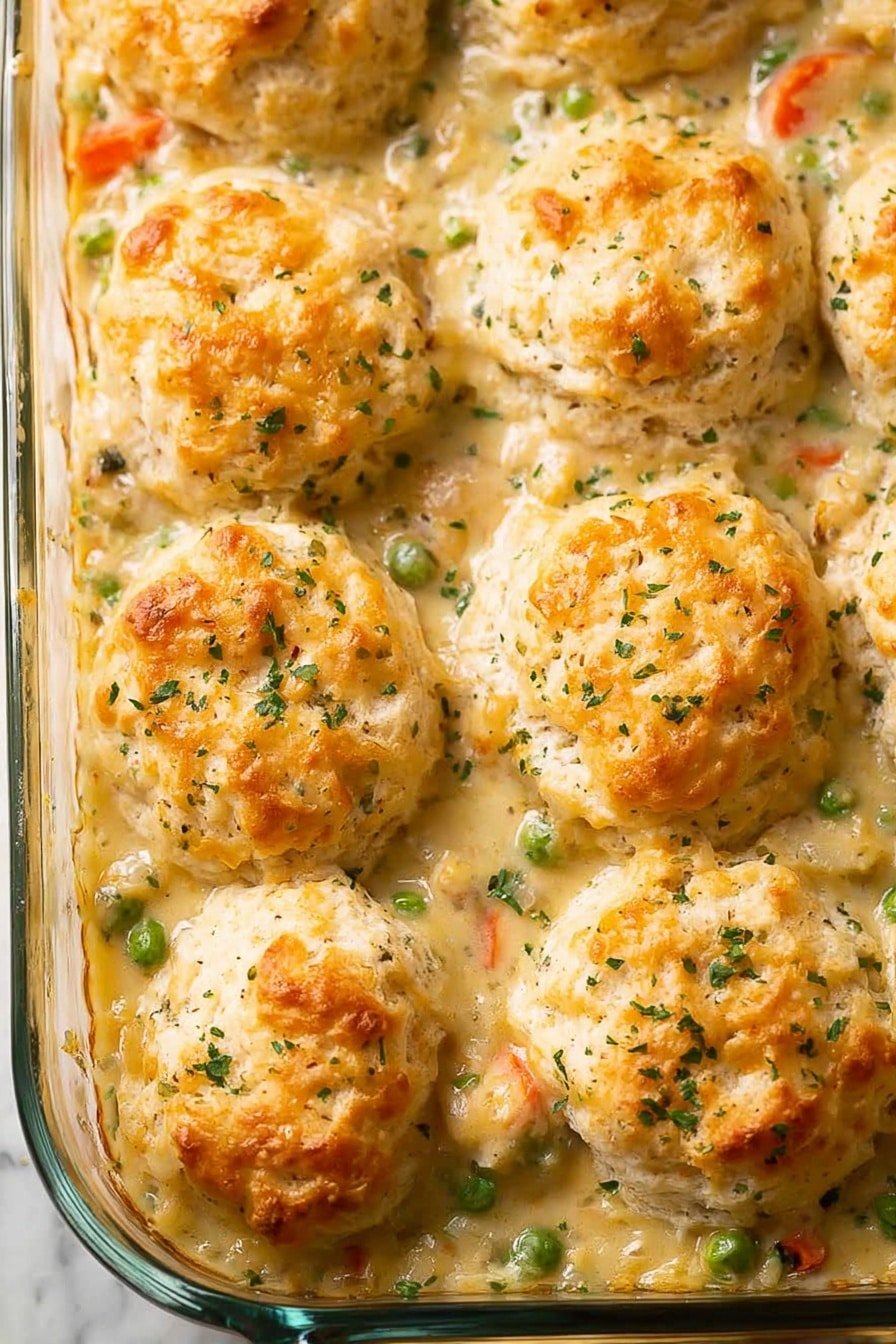 A close-up view of a baked casserole showing twelve golden-brown biscuit tops arranged in four rows of three. The biscuits are lightly browned with a slightly rough, textured surface and sprinkled with small green herb pieces. Underneath the biscuits is a creamy sauce mixed with small diced orange carrots, green peas, and bits of pale chicken, filling the space between the biscuit tops. The casserole dish itself is clear glass, placed on a white marbled surface. The overall look is warm and comforting, with visible steam and a slightly glossy finish on the sauce photo taken with an iphone --ar 2:3 --v 7