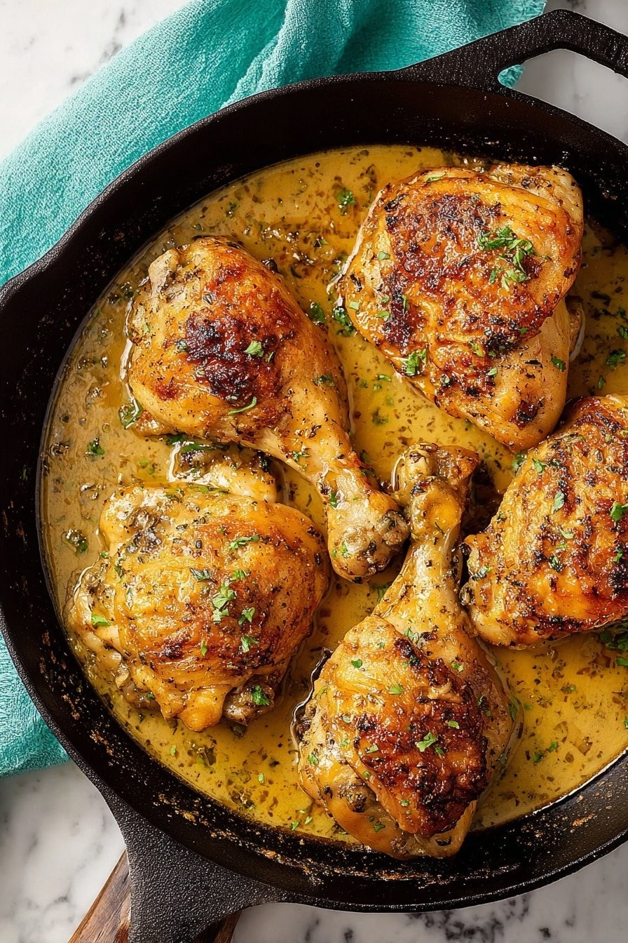 A black cast iron pan holds five pieces of golden brown cooked chicken with crispy skin, two drumsticks and three thighs. The chicken is partly covered with a thick yellowish-brown sauce that pools at the pan’s bottom. Small bits of green herbs are sprinkled over the chicken and sauce, adding a fresh touch. The pan sits on a white marbled surface with a teal cloth nearby. Photo taken with an iphone --ar 2:3 --v 7