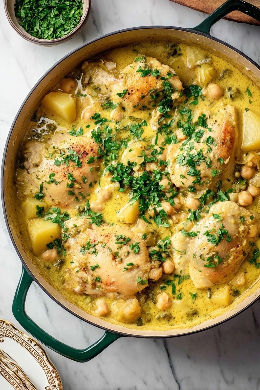 The dish is a stew served in a deep round pan with wooden handles, filled with several large pieces of light golden cooked chicken layered on top of thick yellow broth mixed with rice and chickpeas. The stew has chunks of pale yellow potatoes that blend into the creamy broth. There is a generous sprinkle of chopped fresh green herbs scattered evenly over the top, adding contrast to the warm colors. The pan sits on a white marbled texture, with a small bowl of green herbs nearby and a glimpse of an ornate white plate edged with gold at the corner. The overall look is warm, hearty, and inviting. photo taken with an iphone --ar 2:3 --v 7