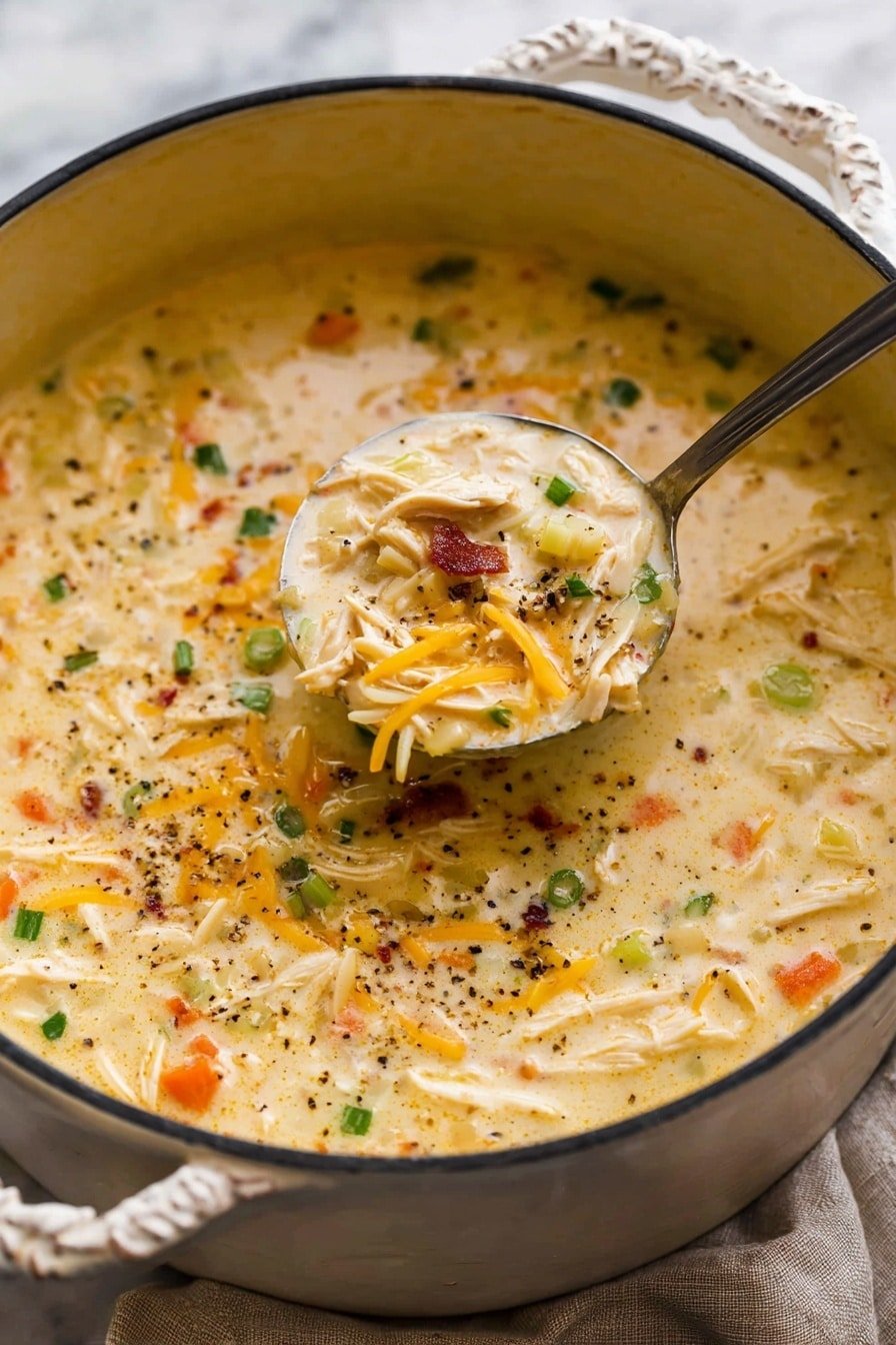 A large ornate white pot is filled with a creamy soup that has a light yellow color with small bits of orange carrots, green celery, and finely chopped green onions scattered throughout. The soup is thick and smooth with visible shredded chicken pieces and small bits of crispy browned bacon. A metal ladle holding a scoop of the soup, showing layers of tender chicken, melted cheddar cheese shreds, small pasta pieces, and vegetables, is being lowered into the pot from the right side. The soup surface has flecks of black pepper, adding texture and flavor contrast. The pot sits on a white marbled surface with a soft neutral-colored cloth beneath it, and the overall scene looks warm and comforting. Photo taken with an iphone --ar 2:3 --v 7
