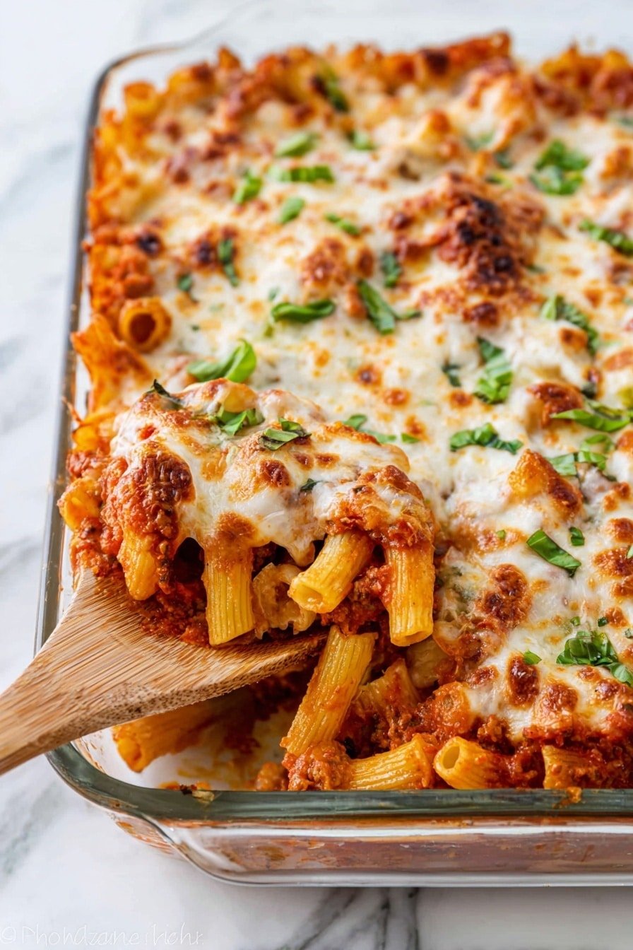 The image shows a baked pasta dish in a white ornate rectangular baking dish placed on a white marbled surface. The pasta layers are topped with a thick layer of melted cheese that is golden brown in spots, with visible browned crispy edges. Beneath the cheese, there is a rich red tomato meat sauce mixed with pasta tubes. Bright green thinly sliced basil leaves are scattered on top, adding a fresh look. A wooden spoon is scooping out a portion from the corner, showing the layers of pasta, sauce, and cheese inside the dish. Photo taken with an iphone --ar 2:3 --v 7