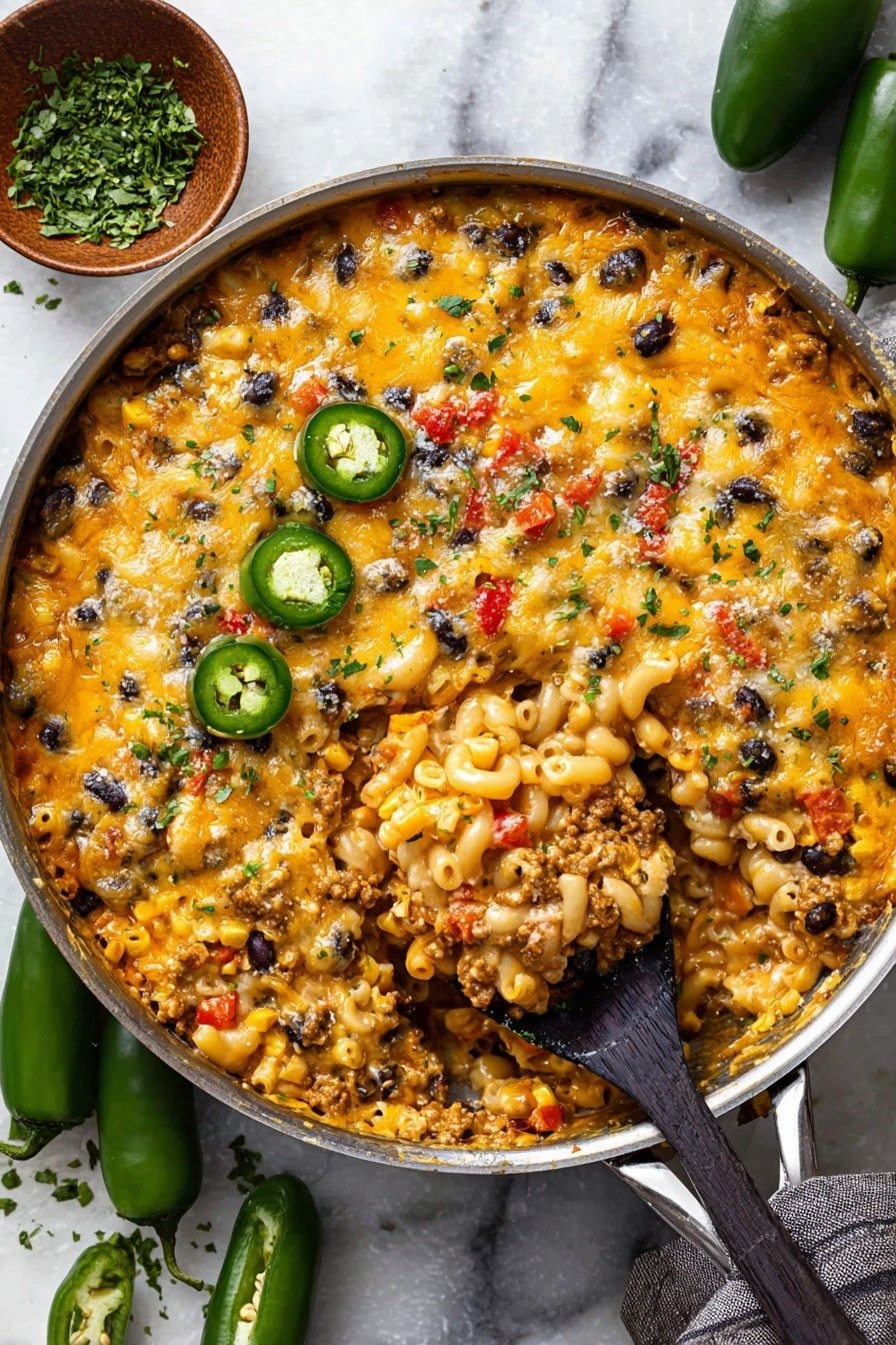 A black skillet filled with a cheesy pasta bake, showing about two layers: the top layer is a golden melted cheese crust with bits of red and black from diced peppers and black beans, sprinkled with green herbs and three sliced green jalapeños on the left; underneath, creamy macaroni mixed with corn, black beans, red bell peppers, and chunks of cooked ground meat with a smooth sauce. A dark wooden spoon scoops out a portion, revealing the creamy, mixed filling. The skillet sits on a white marbled texture with whole green jalapeños to the right and a small brown bowl with chopped green herbs at the top left. photo taken with an iphone --ar 2:3 --v 7