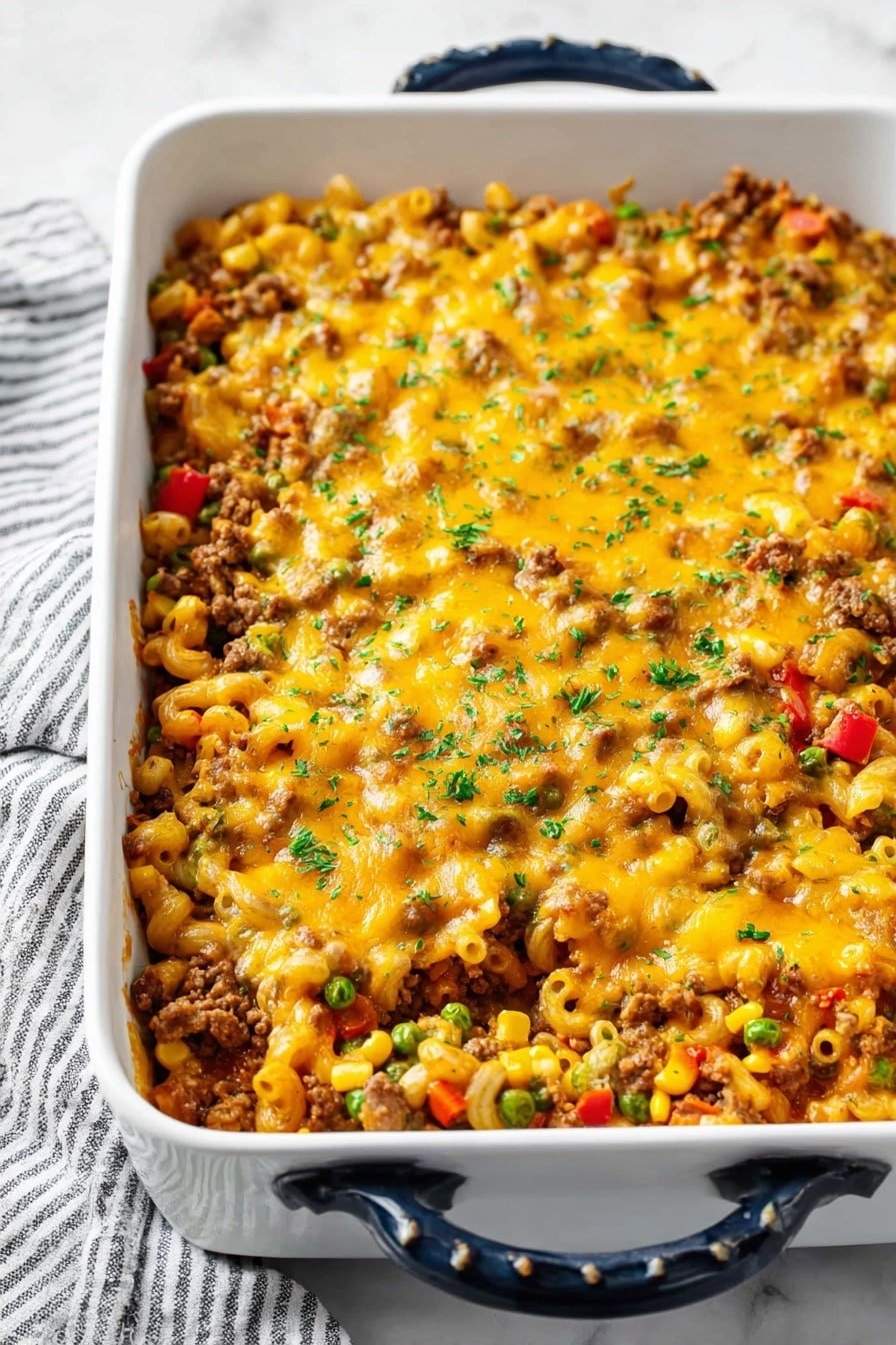 The image shows a baked casserole in an ornate white rectangular dish with dark blue handles, placed on a white marbled surface with a striped cloth on the side. The dish’s top layer is melted bright yellow cheese that is slightly gooey, covering a mix of elbow macaroni pasta, small green peas, red bell pepper pieces, ground meat, and small chunks of yellow corn, all seasoned and mixed evenly. The casserole is sprinkled with finely chopped green herbs on top, adding color contrast. The texture looks rich and creamy with visible bits of vegetables and meat peeking through the cheese layer. Photo taken with an iphone --ar 2:3 --v 7