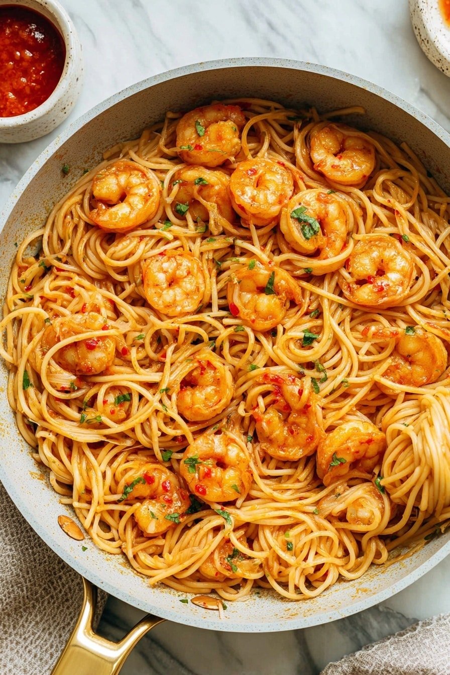 The image shows a pan full of spaghetti mixed with cooked shrimp. The shrimp are orange with small red spots, spread evenly across the light brown spaghetti noodles, which look soft and slightly shiny from the sauce. Tiny green herb pieces are scattered on top, adding a touch of color. The noodles are loosely curled in places, with a small bundle coiled neatly near the edge. The pan is light gray with a gold handle, sitting on a white marbled surface. A small dish of red-orange sauce and some drops are nearby. Photo taken with an iphone --ar 2:3 --v 7