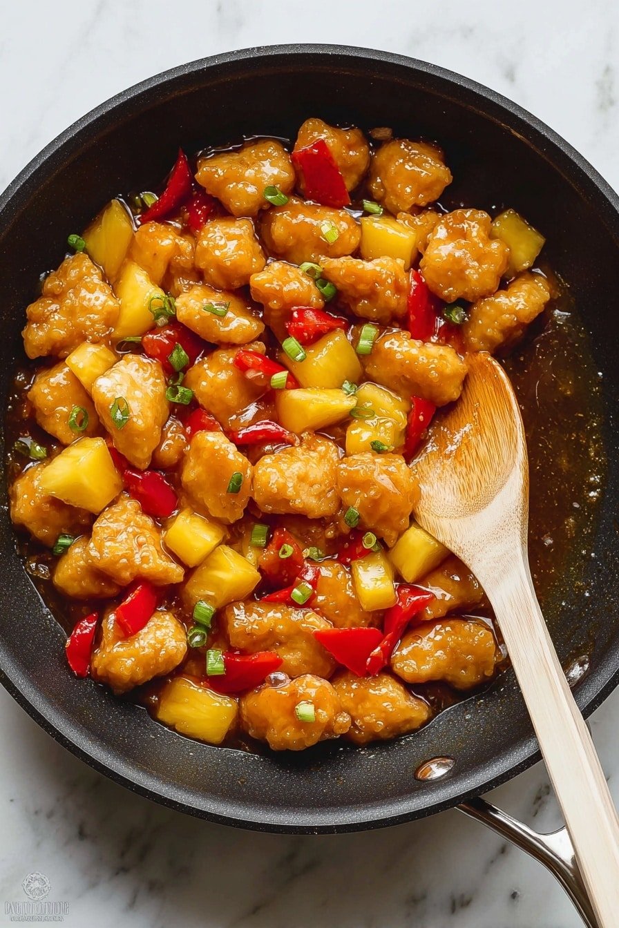 A black frying pan filled with a glossy sweet and sour dish showing three main layers: golden-brown fried chicken pieces, bright yellow pineapple chunks, and small red bell pepper cubes, all coated in a shiny amber sauce. Small green onion bits are sprinkled on top, adding a fresh contrast. A wooden spoon with a light beige handle rests on the pan's edge, partially stirring the ingredients. The pan sits on a white marbled surface photo taken with an iphone --ar 2:3 --v 7
