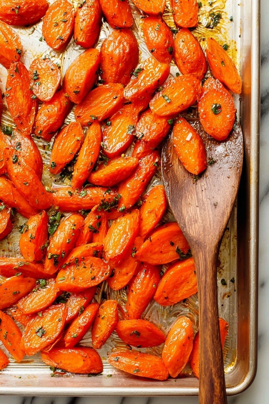 The image shows a gold metal tray filled with bright orange roasted carrot slices. The carrot pieces are cut into oval and irregular shapes, coated with a shiny glaze, and sprinkled with green herb bits and black pepper specks scattered evenly over the surface. A wooden spoon rests on the right side of the tray, partially covered by the carrots. The background is a white marbled texture. photo taken with an iphone --ar 2:3 --v 7