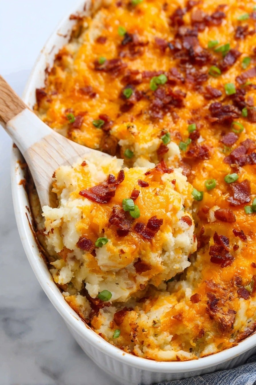 The image shows a white oval baking dish filled with a baked cheesy potato casserole. The casserole has a golden brown top layer of melted cheddar cheese mixed with crispy bits of bacon and scattered green onion pieces. Underneath, you can see soft, creamy mashed potatoes mixed with cheese and small potato chunks. A wooden spoon with a white handle is scooping up a helping of the casserole, showing the texture of cheesy, slightly browned potatoes and bacon inside. The dish sits on a white marbled surface, and the edges of the casserole are browned from baking, giving a warm, inviting look. photo taken with an iphone --ar 2:3 --v 7