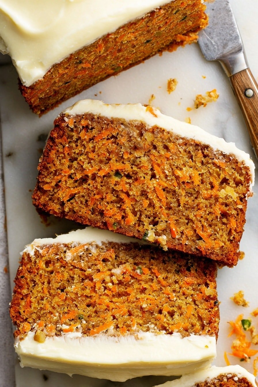 The image shows three slices of carrot cake laid out on a white marbled surface. Each slice has two visible layers: a dense, moist, orange-brown cake layer filled with bits of grated carrot, and a smooth, thick cream cheese frosting layer on top that is pale off-white in color. The cake texture looks soft and crumbly with small orange specks spread evenly throughout. A large knife with some frosting on its blade lies next to the slices. Photo taken with an iphone --ar 2:3 --v 7