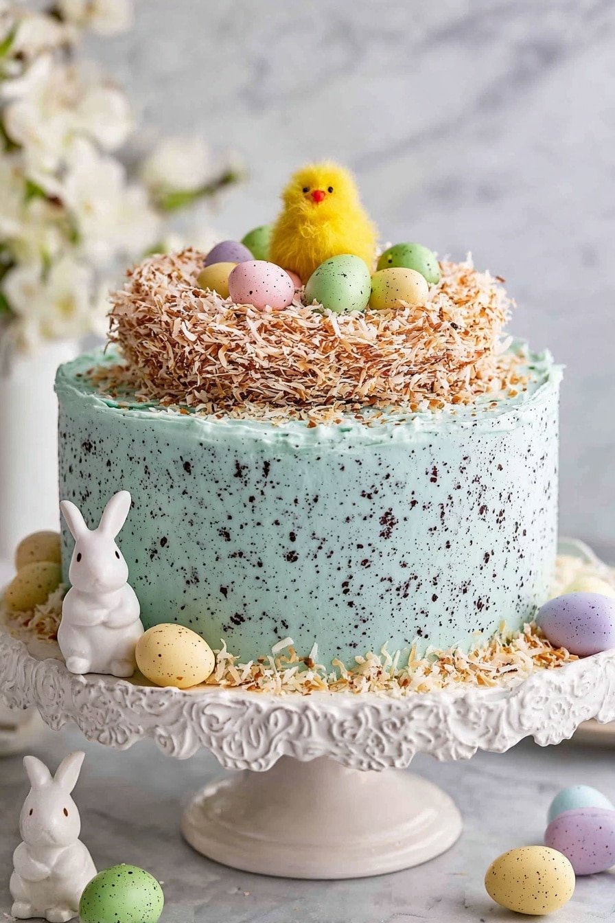 A round cake with a light blue frosting that has small dark specks all over it, sitting on an ornate white cake stand. The cake has two main layers: a base layer coated evenly in the blue frosting, and a top layer made of toasted shredded coconut forming a nest shape. Inside the coconut nest, there is a pile of small pastel-colored speckled eggs in pink, green, yellow, purple, and blue. A small fluffy yellow chick decoration is placed in the middle of the eggs. Around the base of the cake, more shredded coconut and similar pastel eggs are scattered. On the left side of the cake's base, there is a small white bunny figurine. The cake is set against a background with a white marbled texture and some white flowers are visible on the left side. photo taken with an iphone --ar 2:3 --v 7