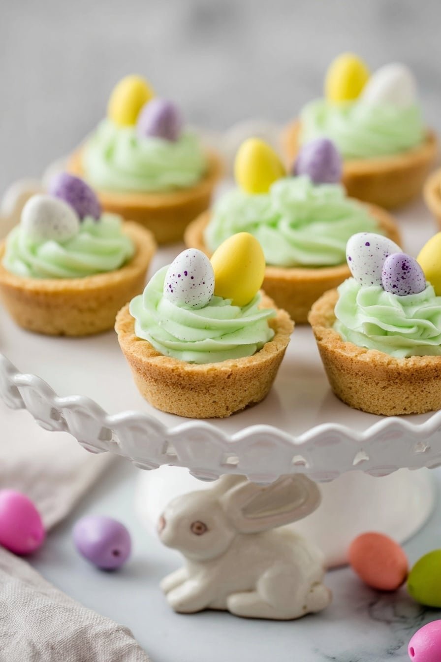The image shows small round golden brown tart shells as the base layer, each topped with a swirl of smooth, light green frosting forming the second layer in a rosette shape. On top of each frosting swirl sits tiny colorful candy eggs in pastel yellow, white with purple speckles, pink, and purple, making up the third layer. The tarts are arranged on an ornate white cake stand with a rabbit figure as the base, set against a white marbled texture background with some extra candy eggs scattered around the stand. Photo taken with an iphone --ar 2:3 --v 7