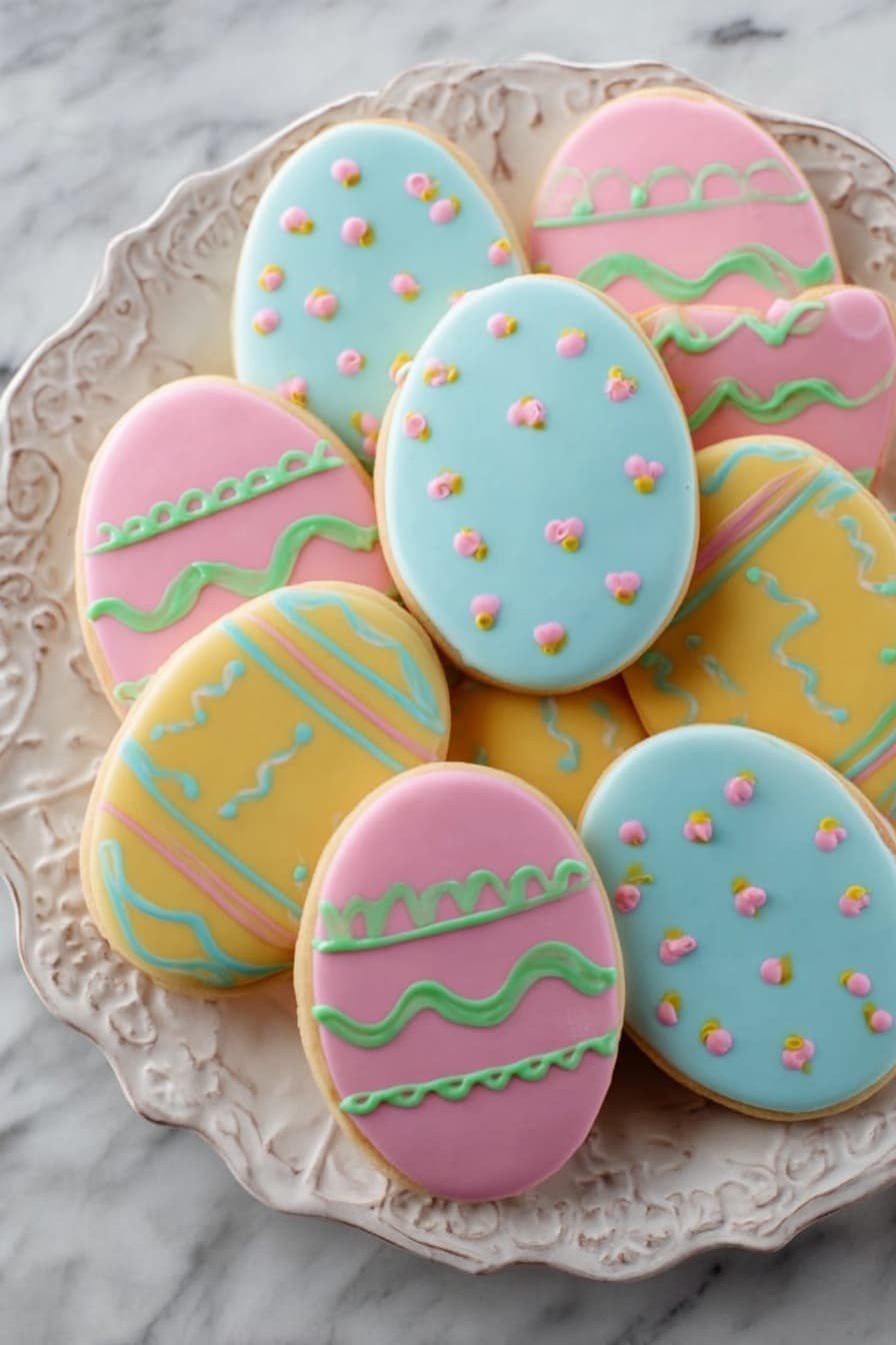 The image shows a group of oval cookies stacked on an ornate white plate with a pink tint and scalloped edges. Each cookie has a smooth, pastel-colored icing base in light blue, pink, or yellow. The light blue cookies have thin green lines, small pink flowers made of dots, and light yellow dots forming the patterns. The pink cookies feature green zigzags with pink and light blue scalloped shapes and small yellow teardrop shapes. The yellow cookies have light blue swirls and dots outlined with soft green lines. The cookies are arranged closely, covering most of the plate, which sits on a white marbled surface. Photo taken with an iphone --ar 2:3 --v 7