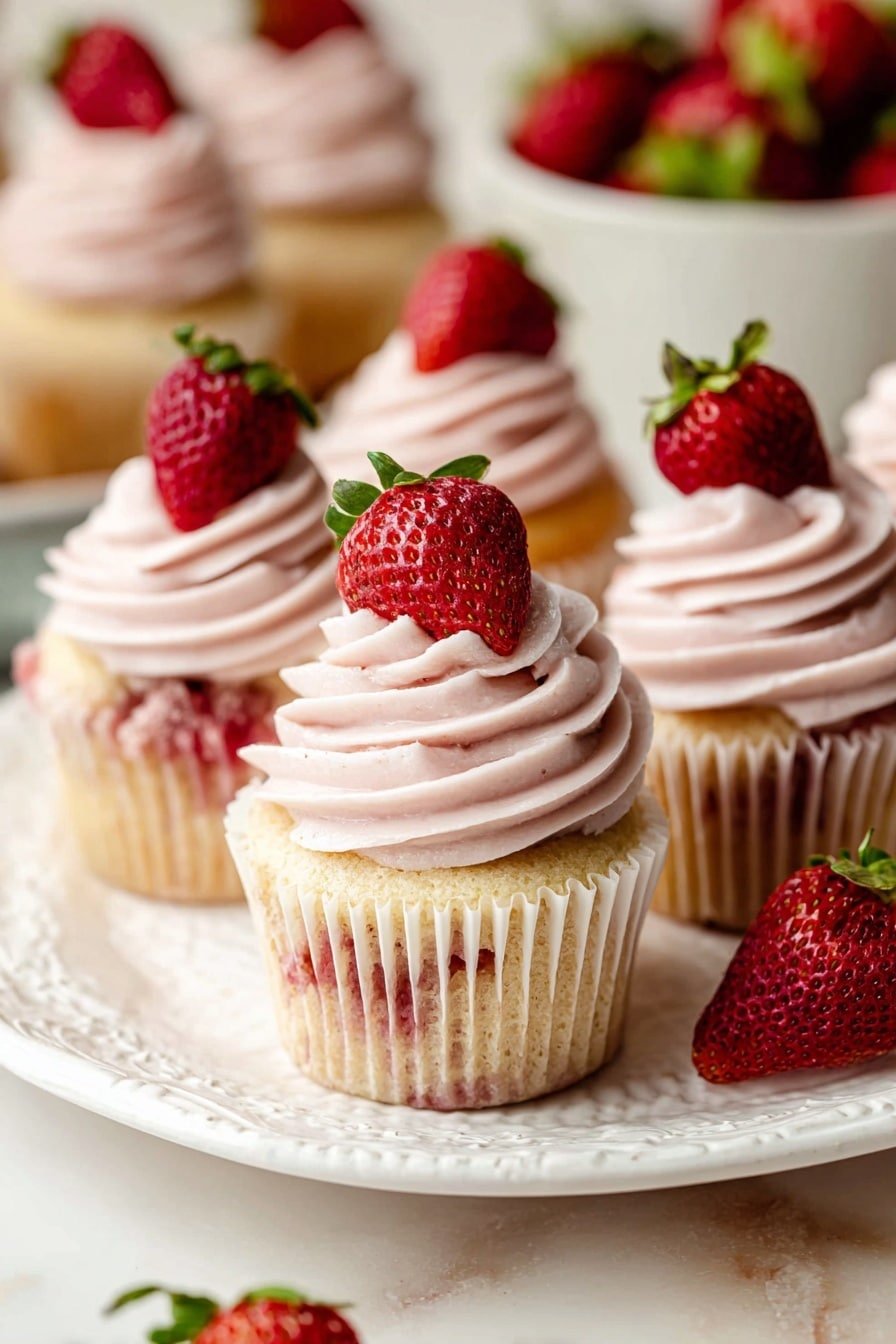 The image shows a group of strawberry cupcakes placed on an ornate white plate on a white marbled texture. Each cupcake has a light golden sponge base with hints of red strawberry pieces inside. On top of the sponge is a thick swirl of light pink strawberry frosting that looks creamy and smooth, spiraling up to a peak. A small red strawberry with green leaves sits on top of each frosting swirl. The cupcakes are placed close to each other, with one cupcake in the front unwrapped, showing its paper liner partially peeled down. In the background, more cupcakes and a white bowl filled with strawberries are softly blurred. photo taken with an iphone --ar 2:3 --v 7