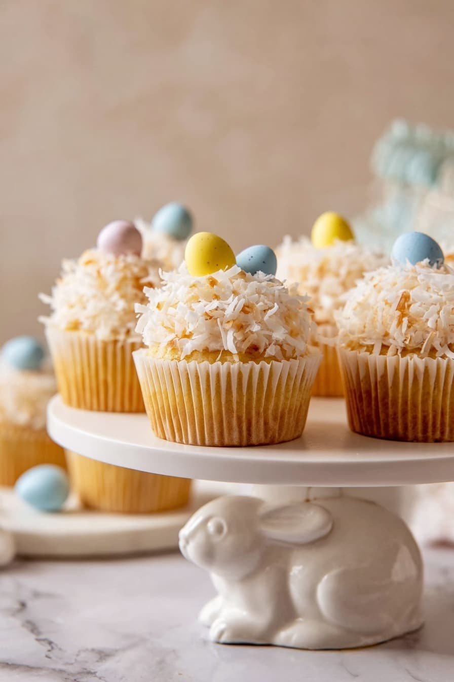 The image shows a group of cupcakes on an ornate white cake stand with a bunny-shaped base, placed on a white marbled surface. Each cupcake has a light golden base and is topped with a thick layer of white frosting covered in shredded coconut. On top, there are small, pastel-colored candy eggs in blue, yellow, and pink, scattered softly across the frosting. The overall color palette is soft and warm, with the muted pastel eggs complementing the textured coconut on the frosting. The background is softly blurred with neutral tones, putting the focus on the cupcakes. photo taken with an iphone --ar 2:3 --v 7