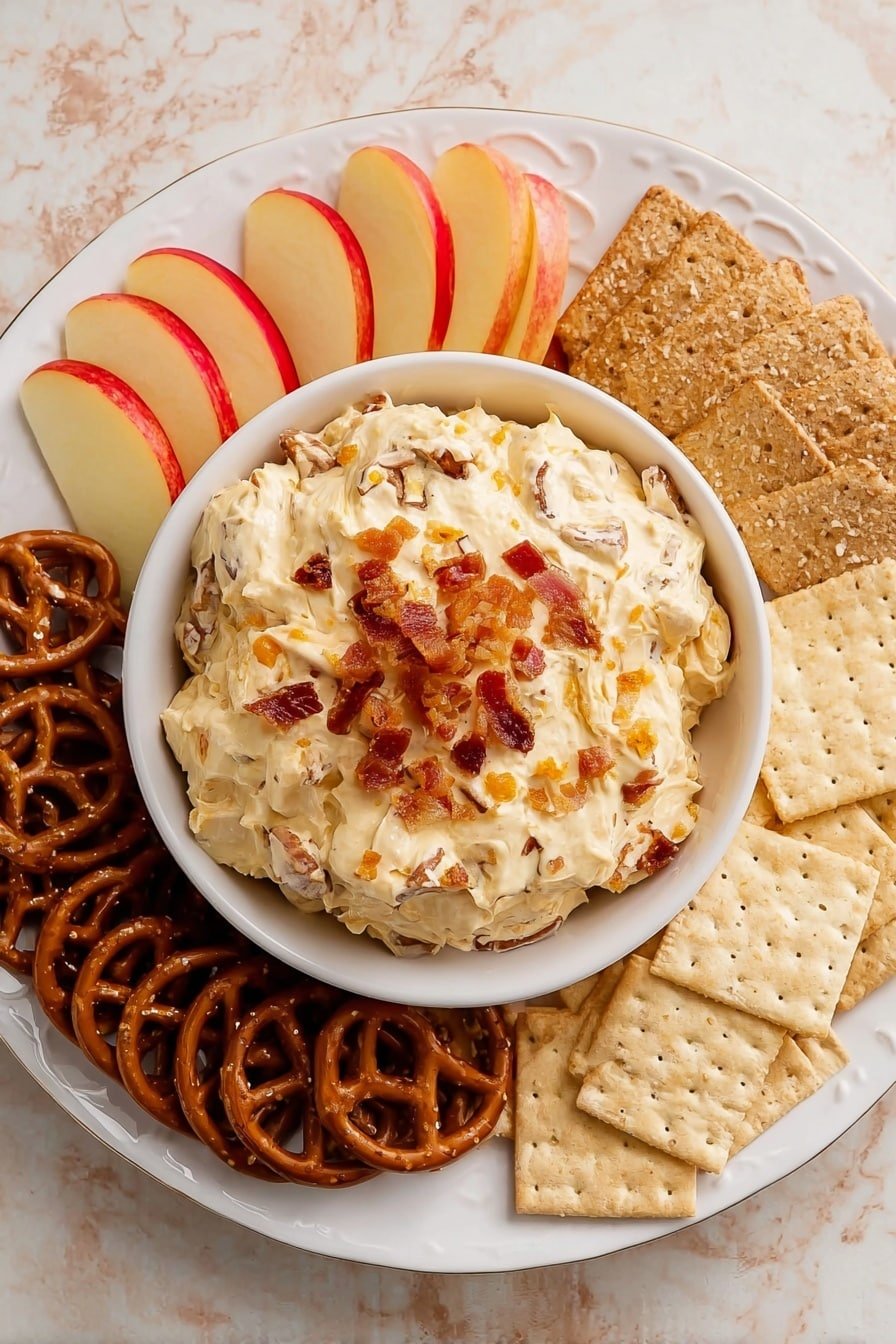 A round ornate white plate shows a white bowl in the center filled with creamy pale yellow cheese spread mixed with small bits of nuts and topped with small orange bacon pieces. A single pretzel cracker is dipped into the spread. Around the bowl, there are neat groups of dark golden brown pretzel crackers on the left, stacked lightly overlapping red and pale yellow apple slices on the top left and bottom right, and square beige crackers positioned on the top right side of the plate. The plate rests on a white marbled textured surface photo taken with an iphone --ar 2:3 --v 7