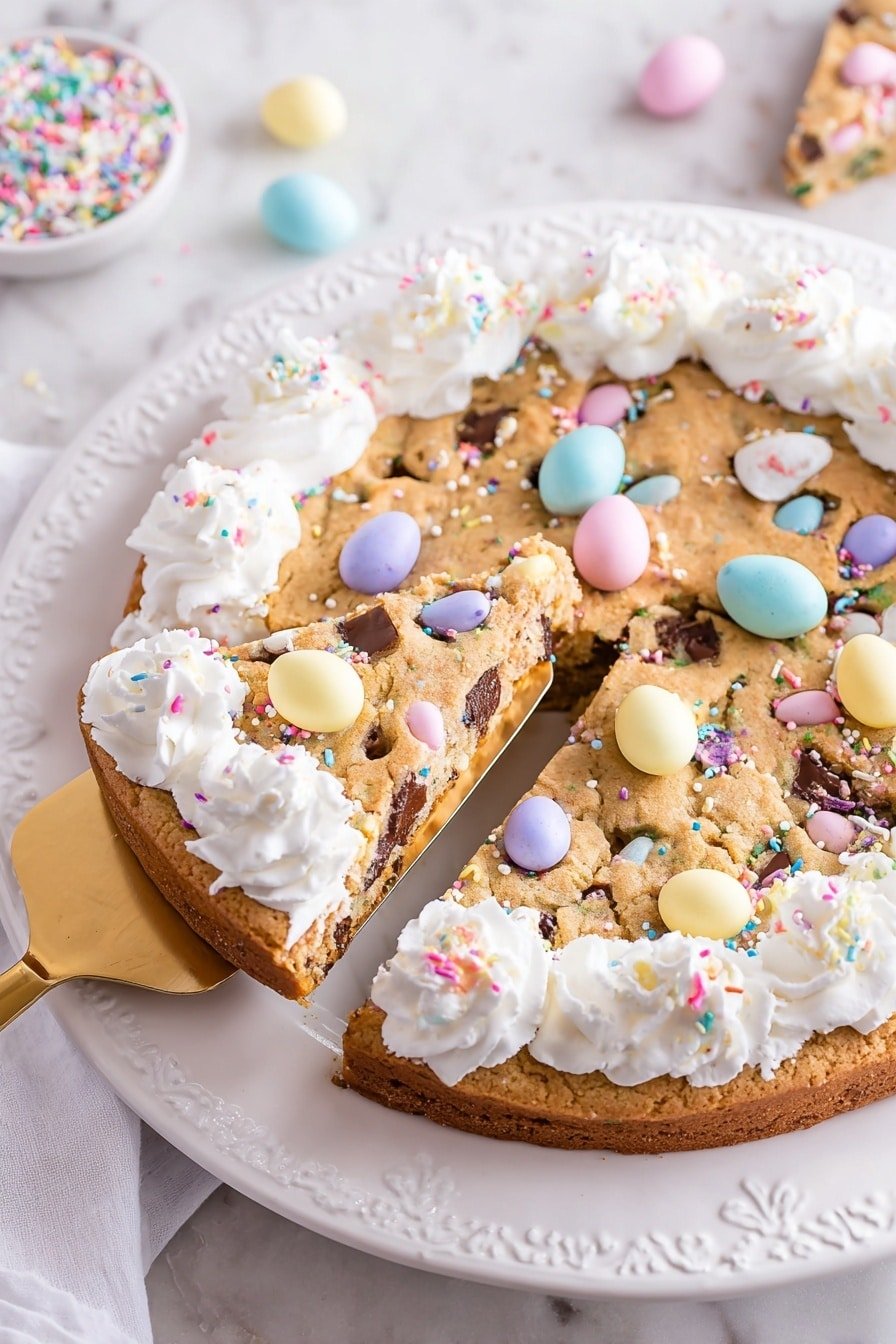 This is a round cookie cake on an ornate white plate, placed on a white marbled texture. The cookie cake is golden brown with chocolate pieces showing inside, decorated with colorful candy eggs and small pastel sprinkles scattered on top. Around the edge, there is a thick ring of white swirled frosting with more pastel sprinkles on it. One slice is lifted by a silver spatula, showing the cookie's soft texture inside. The photo taken with an iphone --ar 2:3 --v 7