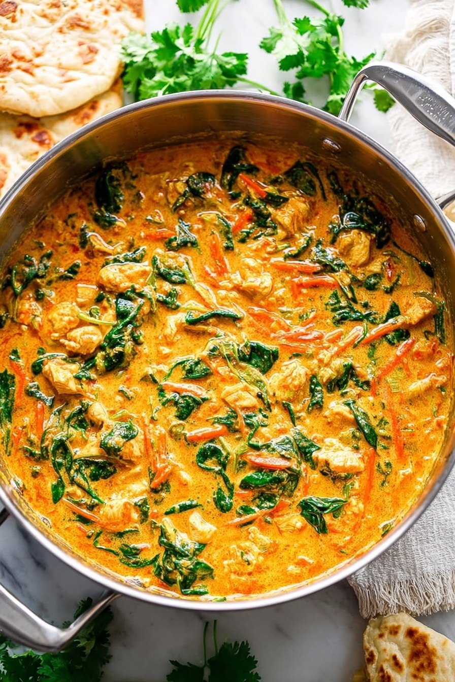 A large stainless steel pan filled with a rich, creamy orange curry with visible small pieces of white chicken and mixed green spinach leaves and thin orange carrot strips spread evenly throughout the sauce. The pan sits on a white marbled surface with a white cloth underneath. Around the pan, there are pieces of pale, toasted flatbread and fresh green cilantro sprigs with bright green leaves scattered in the background. The scene is bright and fresh, showing a warm, hearty meal. photo taken with an iphone --ar 2:3 --v 7