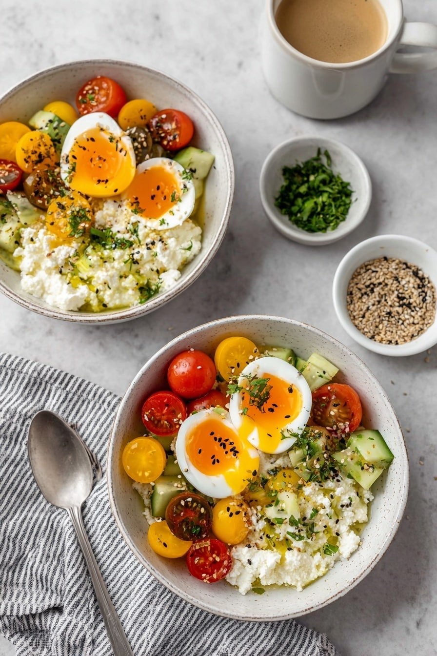 Two ornate white bowls sit on a white marbled texture, each filled with three layers: a bottom layer of white cottage cheese with a soft, slightly lumpy texture; a middle layer of mixed cherry tomatoes in red, yellow, and dark purple colors, along with small green cucumber cubes; and a top layer featuring two halves of a soft-boiled egg with a bright orange yolk and smooth white edges in each bowl. The bowls are garnished with green chopped herbs and black and white sesame seeds scattered over the top. To the right, there is a cup of coffee with light brown crema and a small white bowl of mixed seeds. Another small white bowl with chopped green herbs is placed below on the left. A silver spoon rests inside the lower bowl on a striped cloth napkin. photo taken with an iphone --ar 2:3 --v 7
