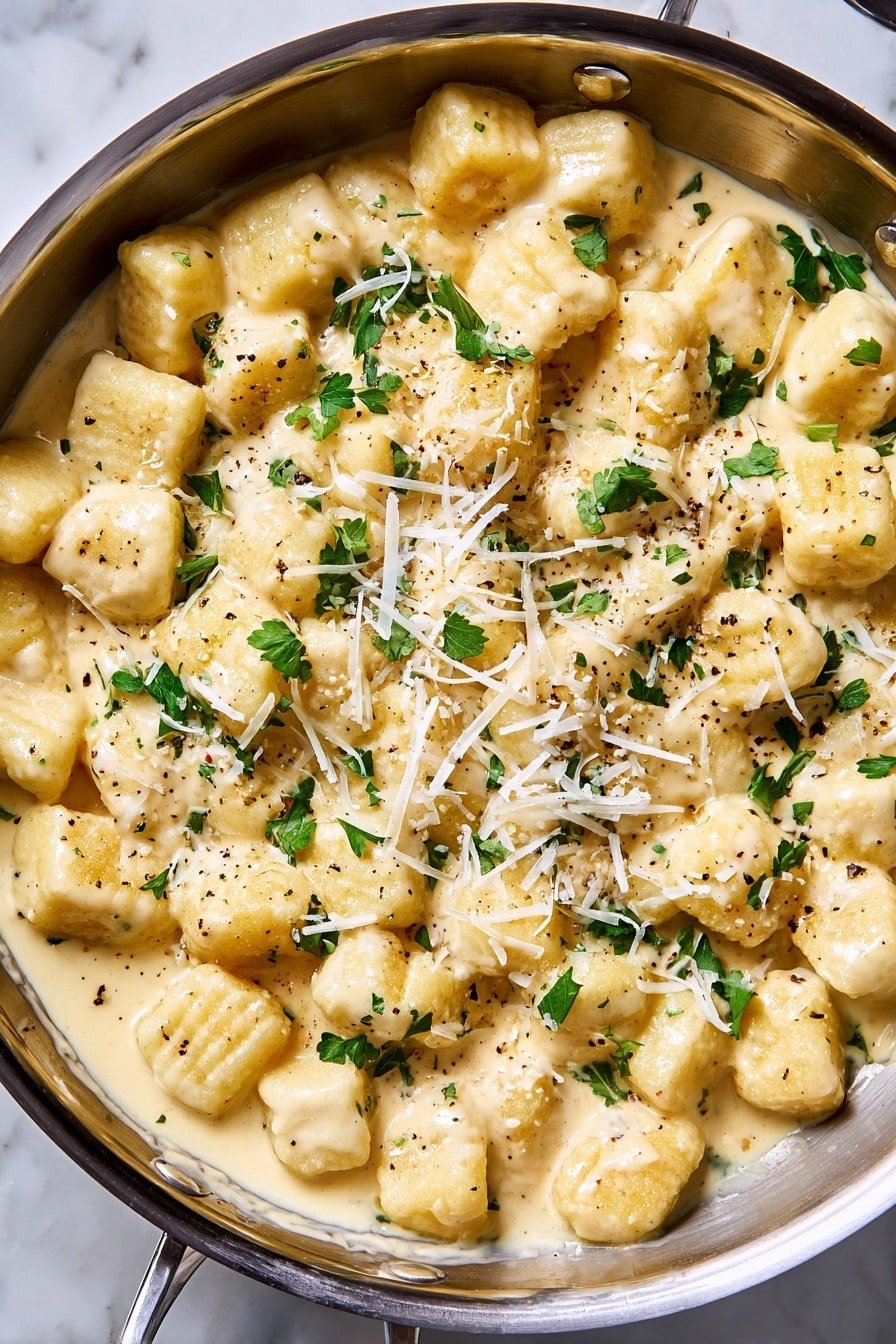 A large round metal bowl holds several layers of soft, small square-shaped gnocchi, covered in a thick, creamy light yellow sauce. The gnocchi pieces appear soft and pillowy, each coated evenly in sauce. On top, shredded white cheese is sprinkled, adding a slightly rough and textured layer over the smooth sauce. Scattered fresh green parsley leaves add bright pops of color across the dish. Small specks of black pepper and seasoning are visible on the cheese and sauce surfaces. A metal spoon rests on the bottom left side, partially submerged in the creamy dish. The bowl is set on a white marbled texture photo taken with an iphone --ar 2:3 --v 7