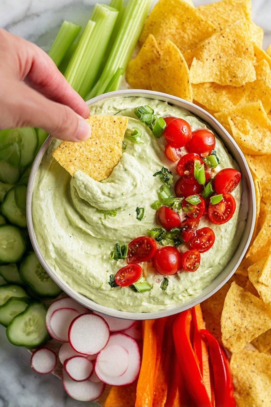 A large round platter on a white marbled texture holds a bowl of smooth, pale green dip in the center with a creamy swirl texture. Surrounding the bowl are layers of fresh vegetable sticks and chips arranged in sections: bright green cucumber halves and quarters on the left, thin round slices of radish with white centers and red edges near the top, small orange and red mini sweet peppers grouped together on the upper right, and long light green celery stalks on the lower right. On the bottom left, there are many tan-colored tortilla chips, some overlapping. In the top left corner, there are two lime wedges. The whole arrangement is neat and colorful with a fresh look. Photo taken with an iphone --ar 2:3 --v 7