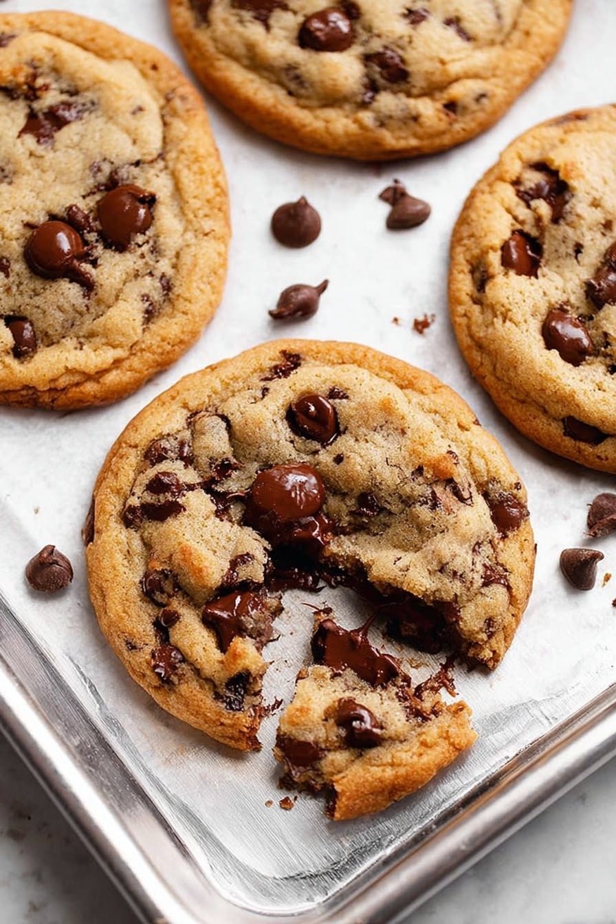 The image shows a close-up view of four golden brown chocolate chip cookies placed on a shiny silver baking tray with a white marbled texture underneath. One cookie is broken into pieces, revealing melted, dark chocolate inside with some chocolate chips scattered on and around the cookies. The cookies have a soft, slightly crumbly texture with a mix of dark and milk chocolate chips spread evenly on their tops. Photo taken with an iphone --ar 2:3 --v 7